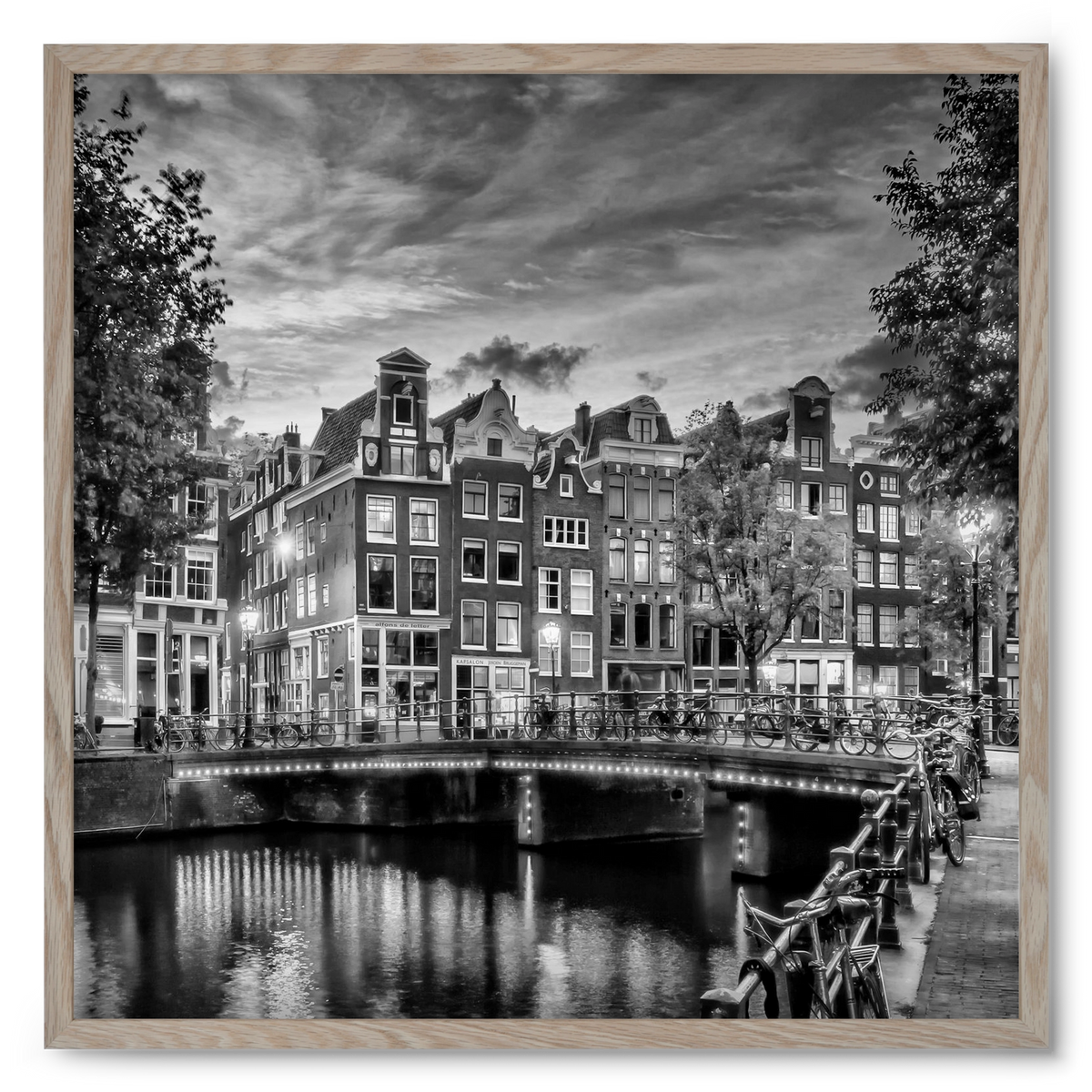 AMSTERDAM Idyllic impression from Singel | Monochrome, 50x50 cm (50x50 cm), Tölgy keret