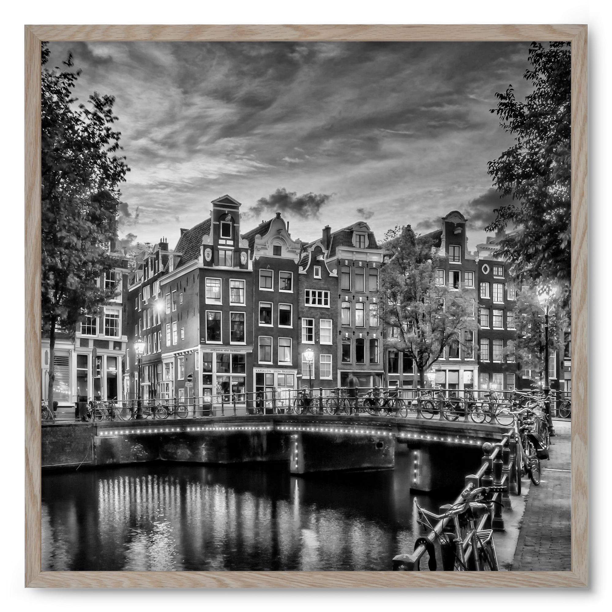 AMSTERDAM Idyllic impression from Singel | Monochrome, 50x50 cm (50x50 cm), Tölgy keret