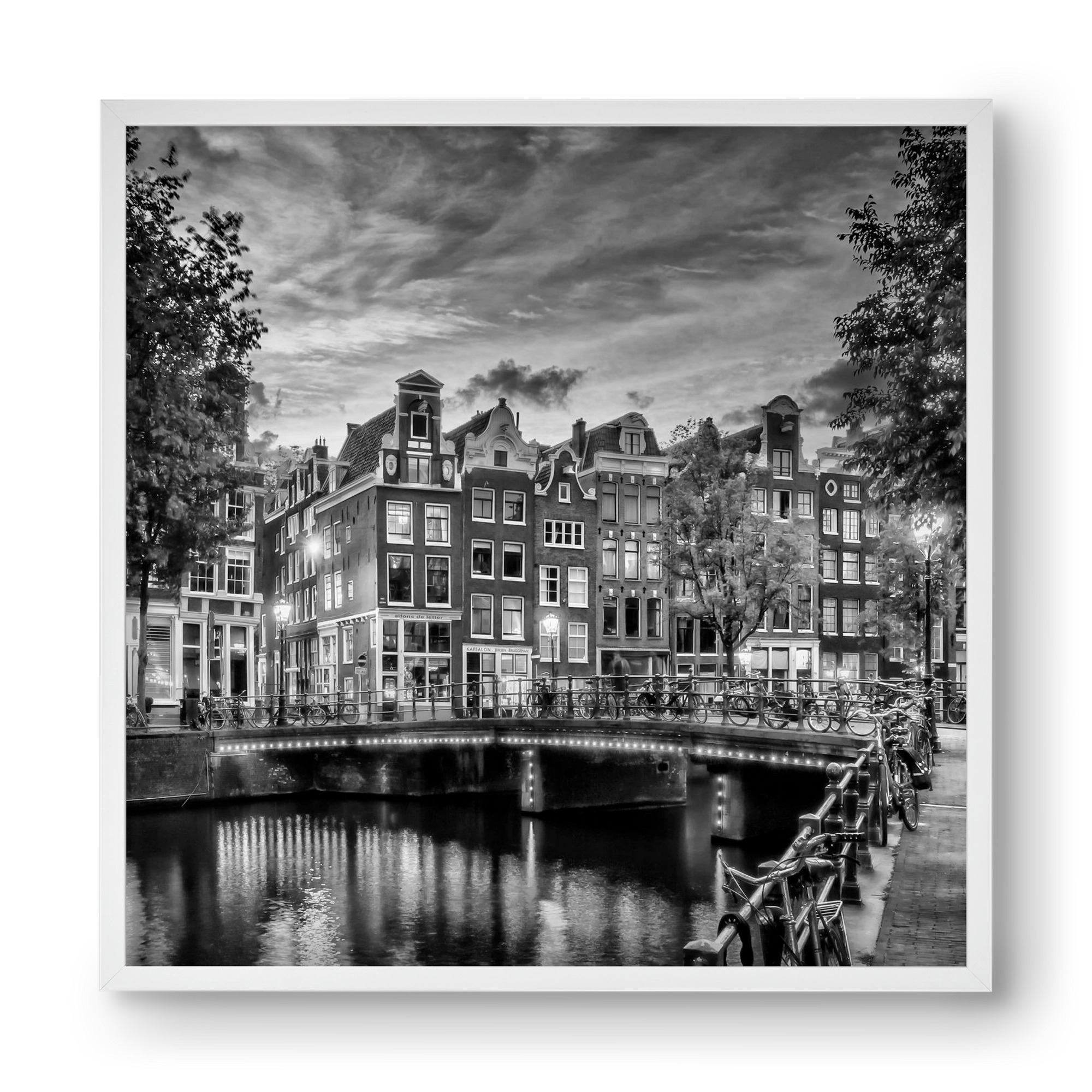 AMSTERDAM Idyllic impression from Singel | Monochrome, 40x40 cm (40x40 cm), Fehér keret