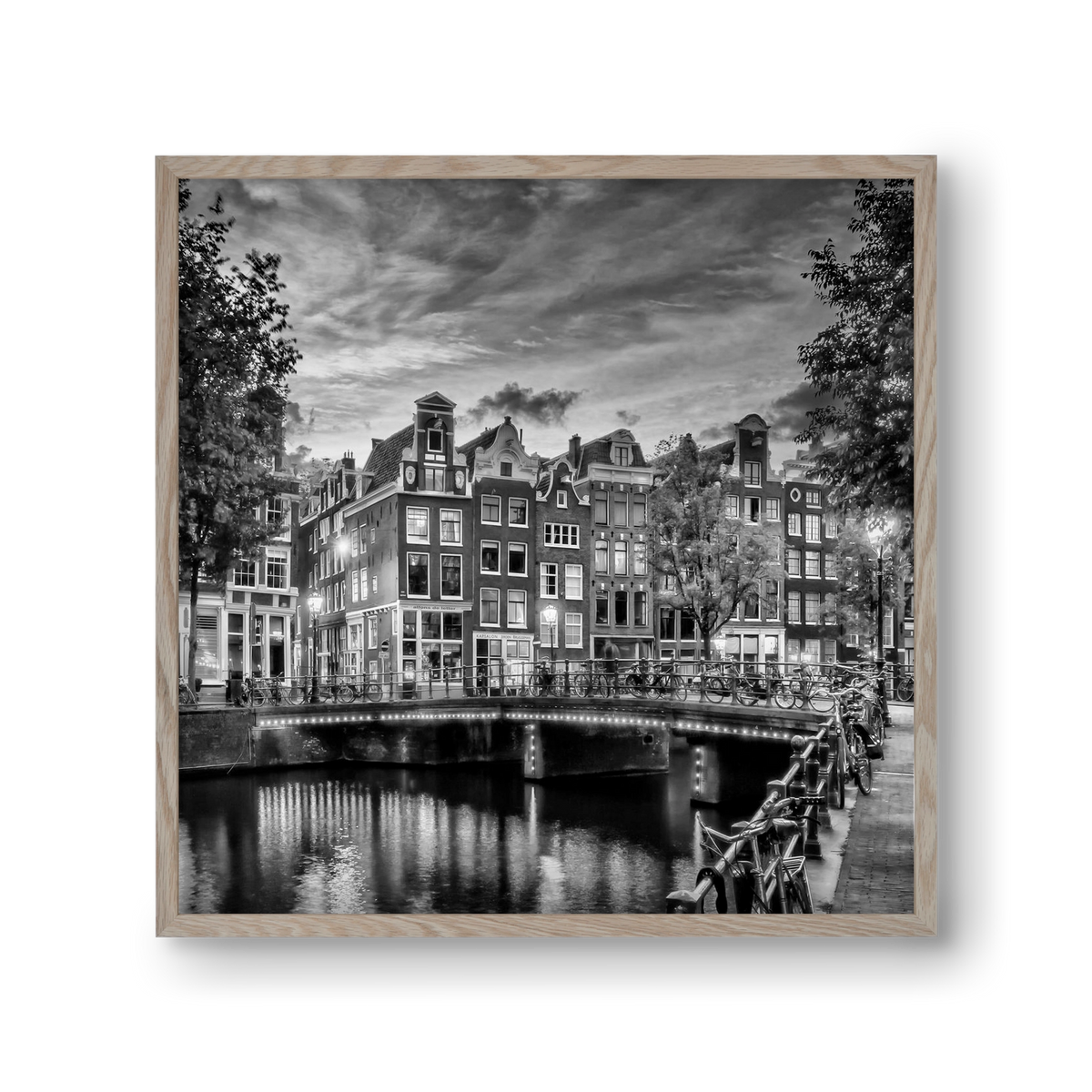 AMSTERDAM Idyllic impression from Singel | Monochrome, 30x30 cm (30x30 cm), Tölgy keret