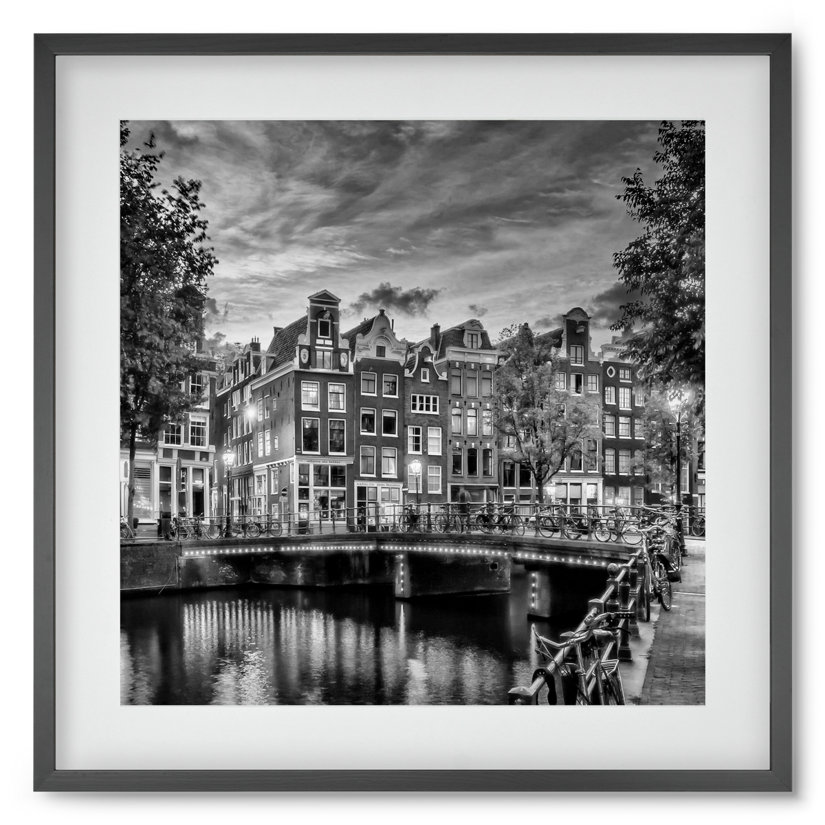 AMSTERDAM Idyllic impression from Singel | Monochrome, 50x50 cm (40x40 cm), Fekete keret, paszpartuval