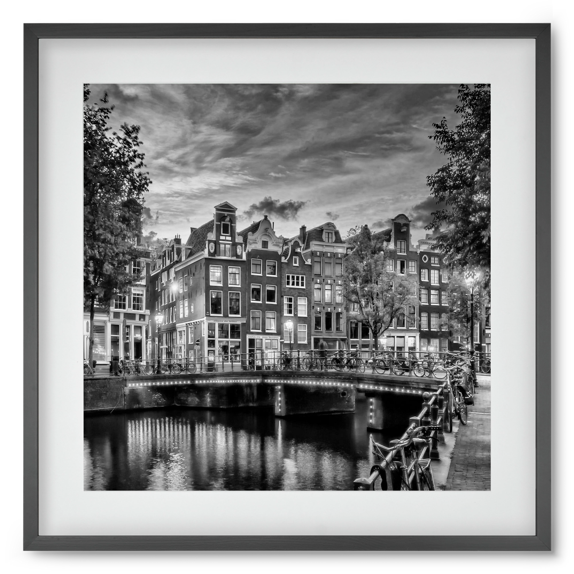 AMSTERDAM Idyllic impression from Singel | Monochrome, 50x50 cm (40x40 cm), Fekete keret, paszpartuval