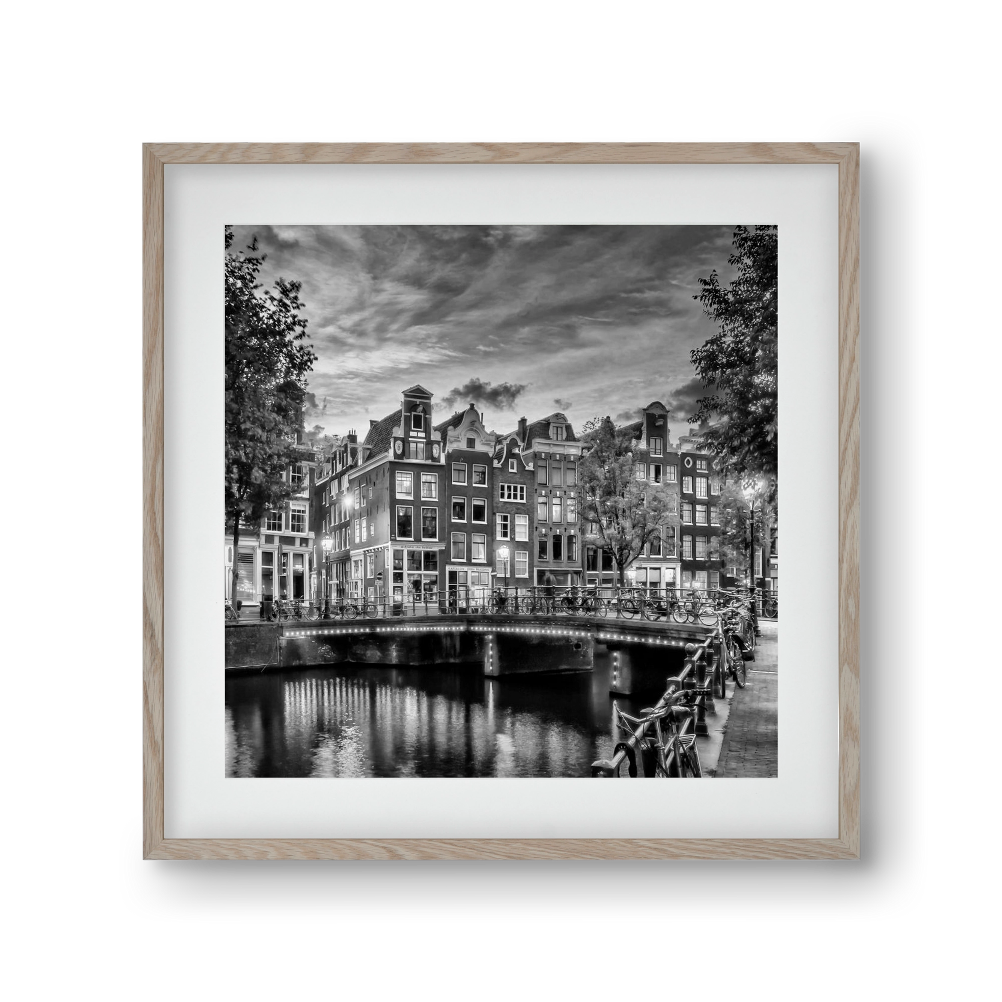 AMSTERDAM Idyllic impression from Singel | Monochrome, 30x30 cm (20x20 cm), Tölgy keret, paszpartuval