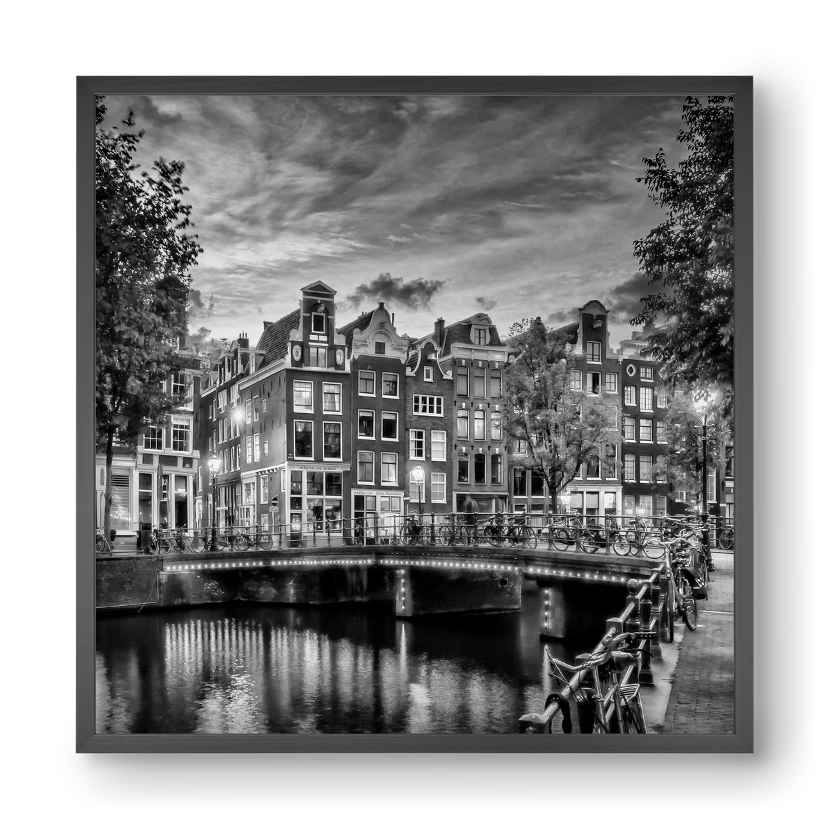 AMSTERDAM Idyllic impression from Singel | Monochrome, 40x40 cm (40x40 cm), Fekete keret