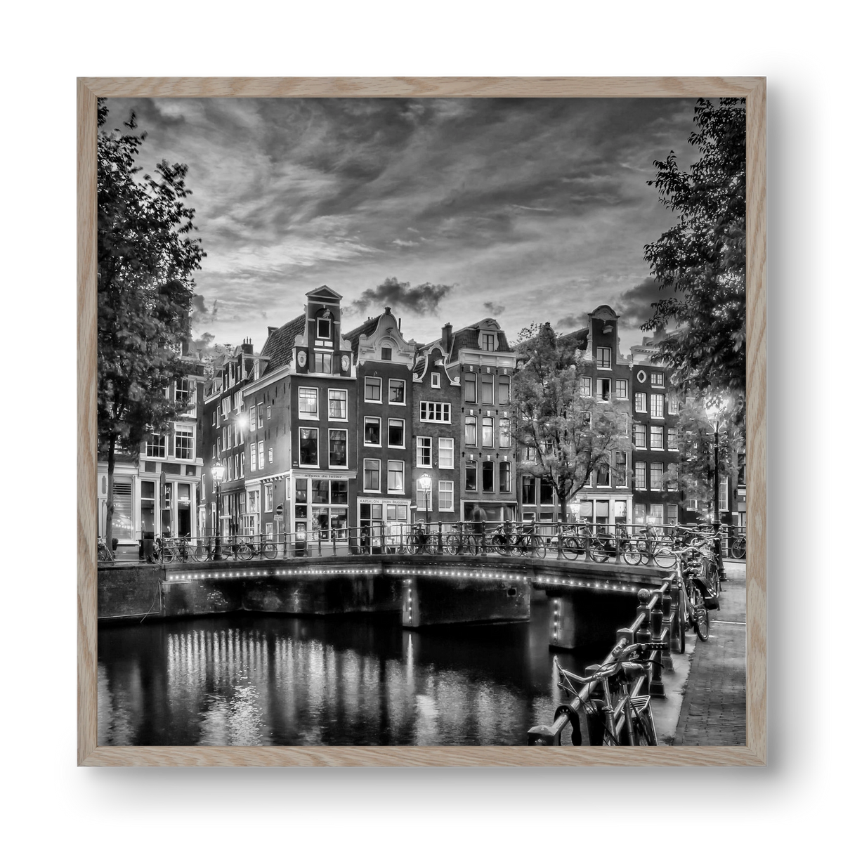 AMSTERDAM Idyllic impression from Singel | Monochrome, 40x40 cm (40x40 cm), Tölgy keret