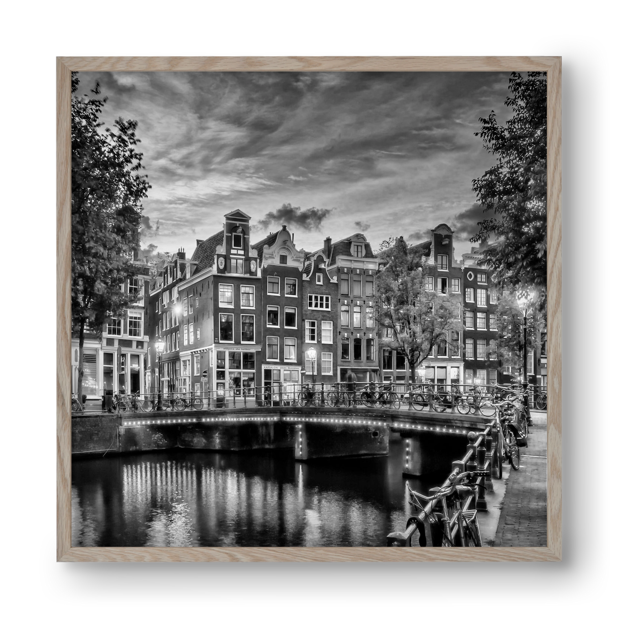 AMSTERDAM Idyllic impression from Singel | Monochrome, 40x40 cm (40x40 cm), Tölgy keret