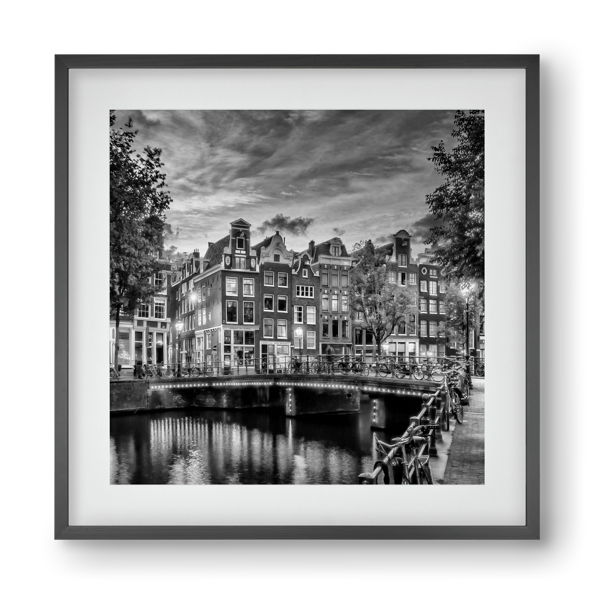AMSTERDAM Idyllic impression from Singel | Monochrome, 40x40 cm (30x30 cm), Fekete keret, paszpartuval