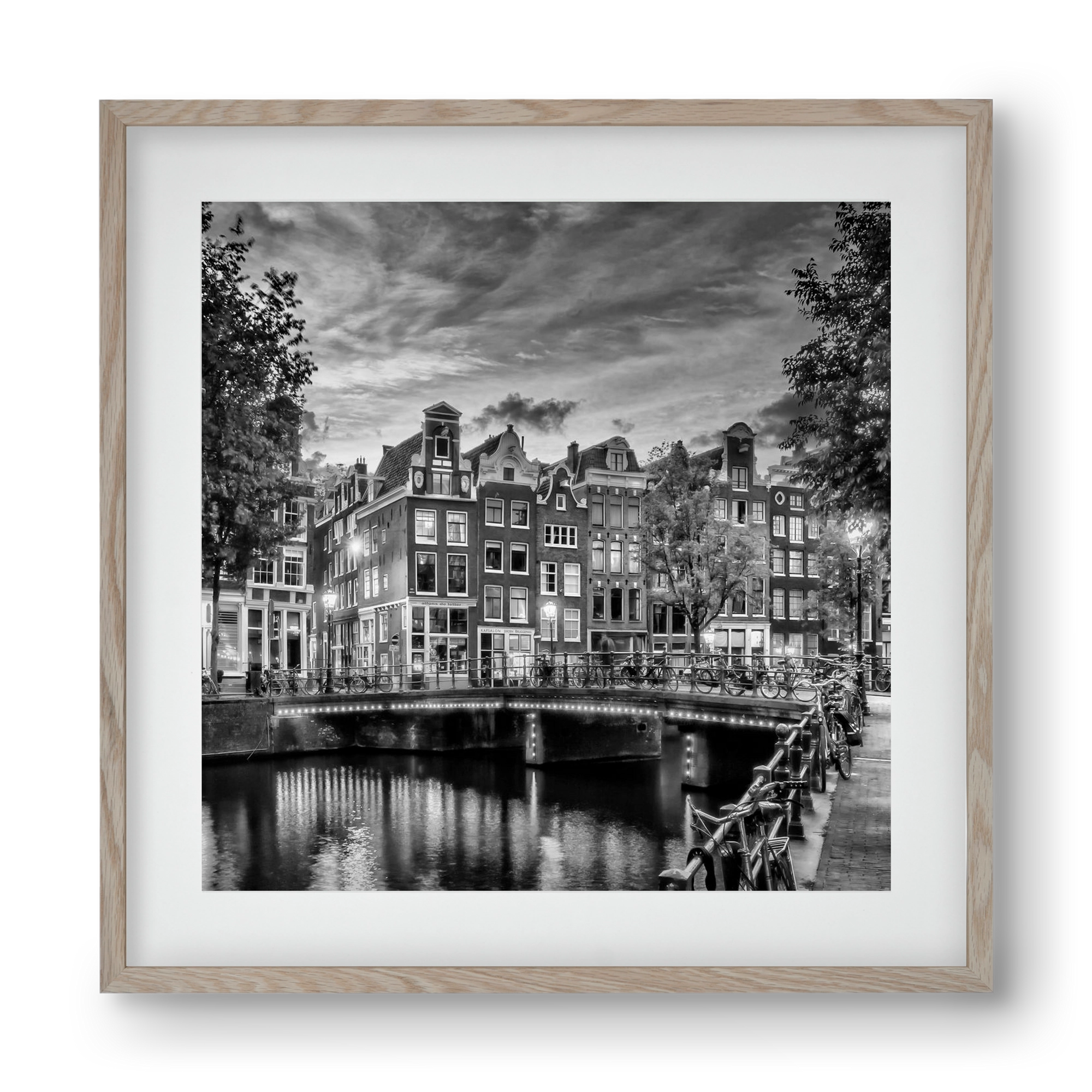 AMSTERDAM Idyllic impression from Singel | Monochrome, 40x40 cm (30x30 cm), Tölgy keret, paszpartuval