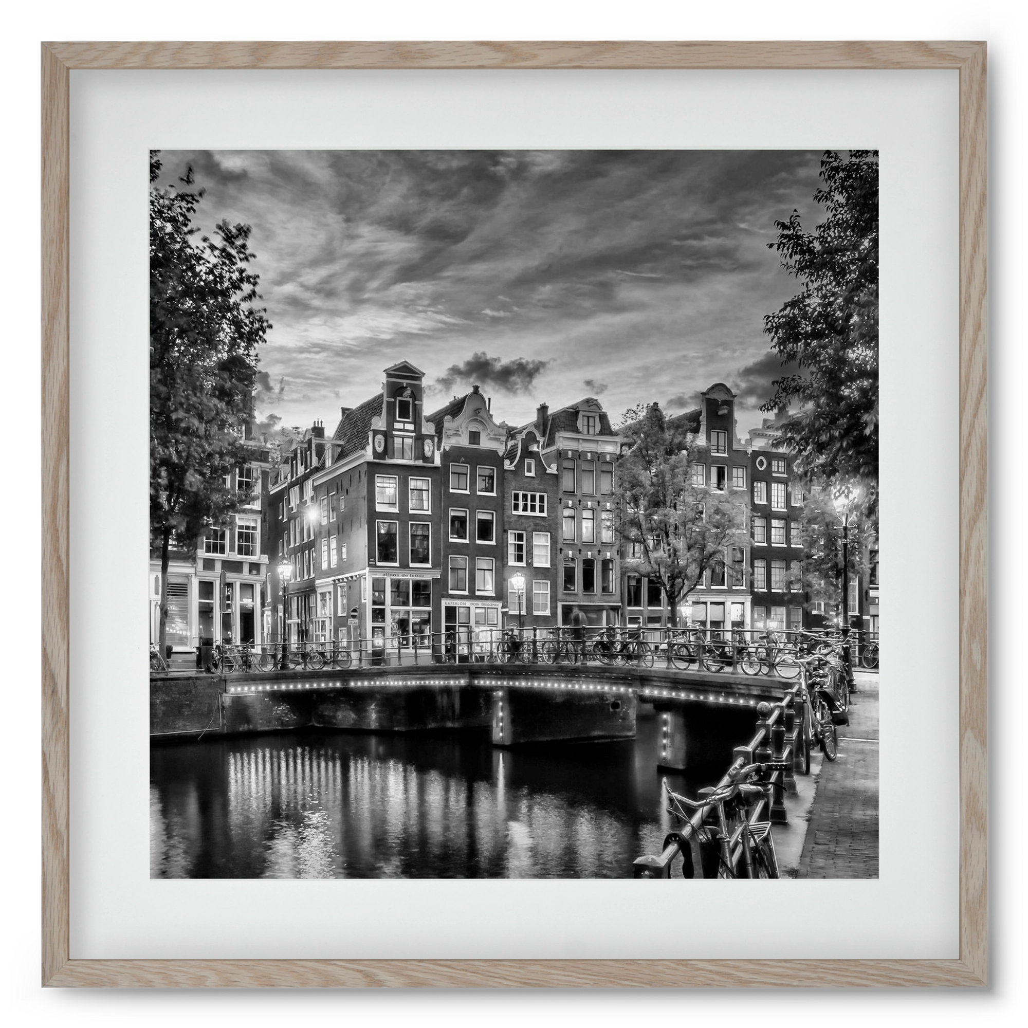 AMSTERDAM Idyllic impression from Singel | Monochrome, 50x50 cm (40x40 cm), Tölgy keret, paszpartuval