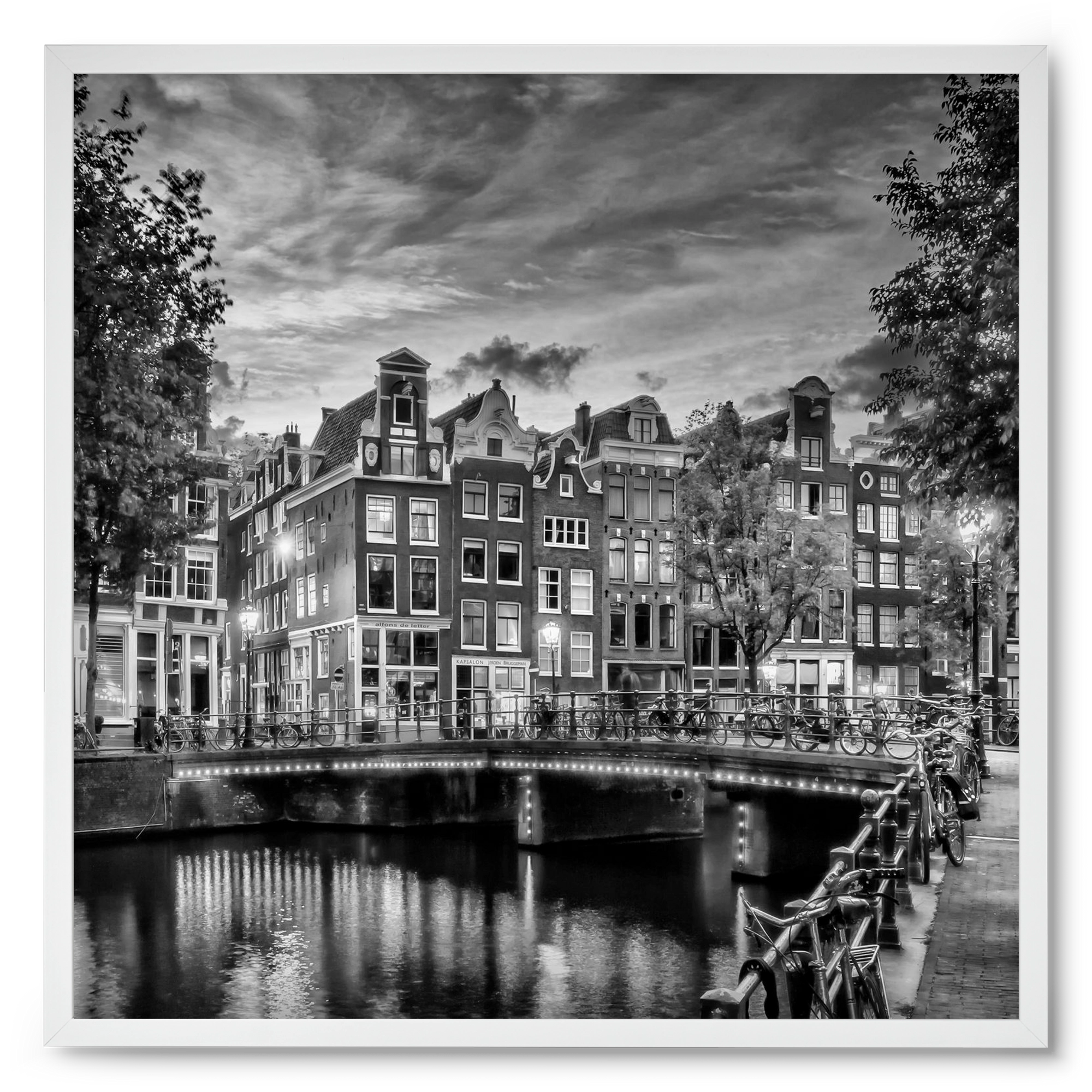 AMSTERDAM Idyllic impression from Singel | Monochrome, 50x50 cm (50x50 cm), Fehér keret