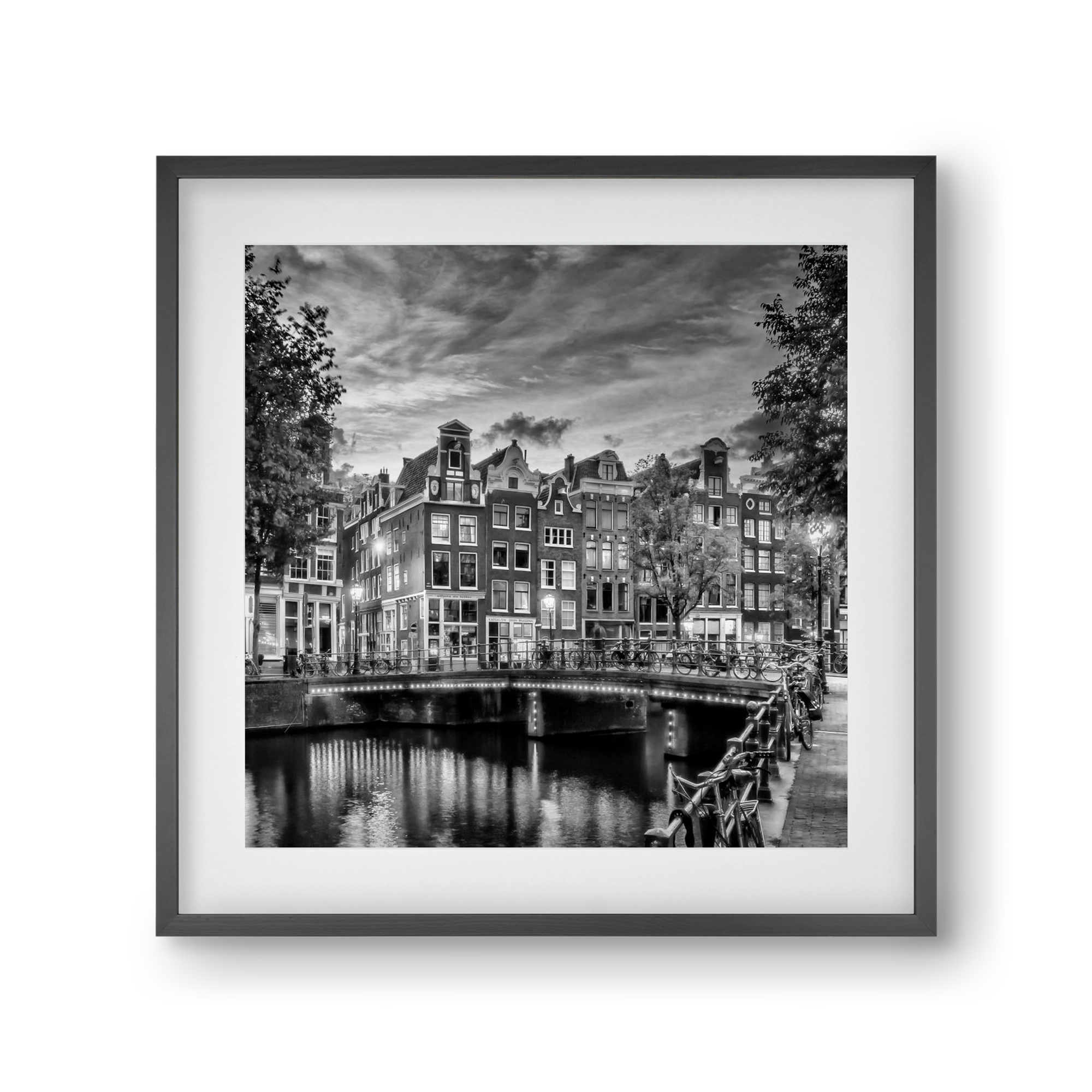 AMSTERDAM Idyllic impression from Singel | Monochrome, 30x30 cm (20x20 cm), Fekete keret, paszpartuval