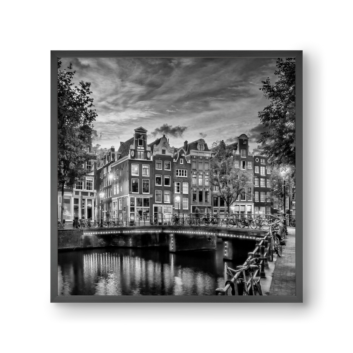 AMSTERDAM Idyllic impression from Singel | Monochrome, 30x30 cm (30x30 cm), Fekete keret