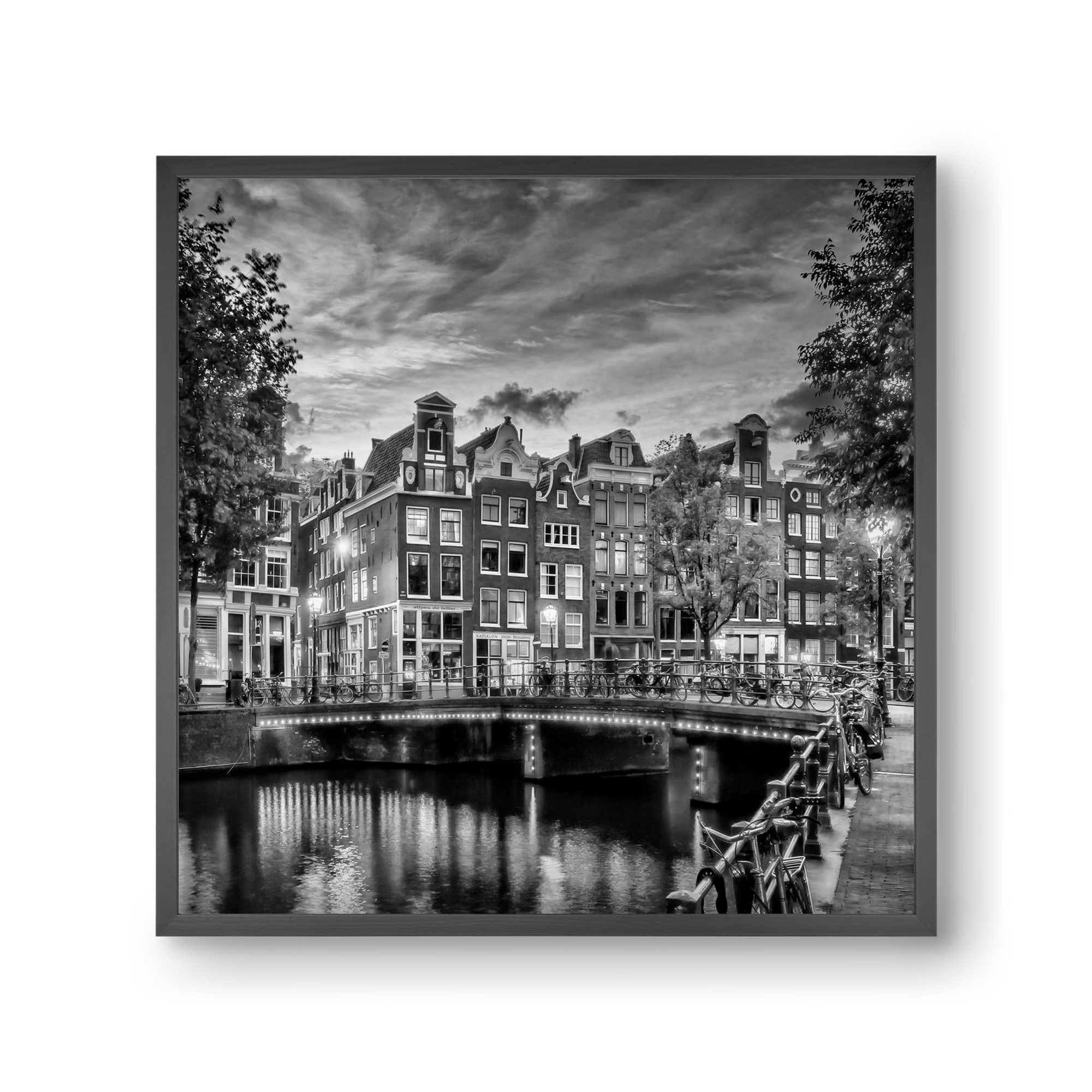 AMSTERDAM Idyllic impression from Singel | Monochrome, 30x30 cm (30x30 cm), Fekete keret
