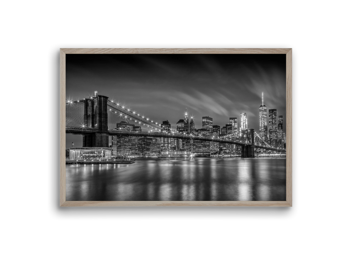 BROOKLYN BRIDGE Nightly Impressions | Monochrome, 30x20 cm (30x20 cm), Tölgy keret