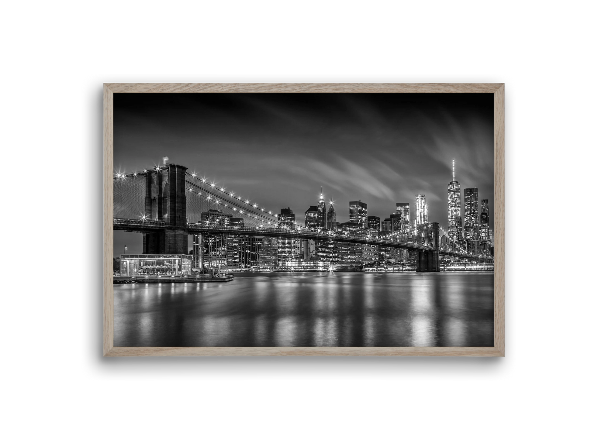 BROOKLYN BRIDGE Nightly Impressions | Monochrome, 30x20 cm (30x20 cm), Tölgy keret