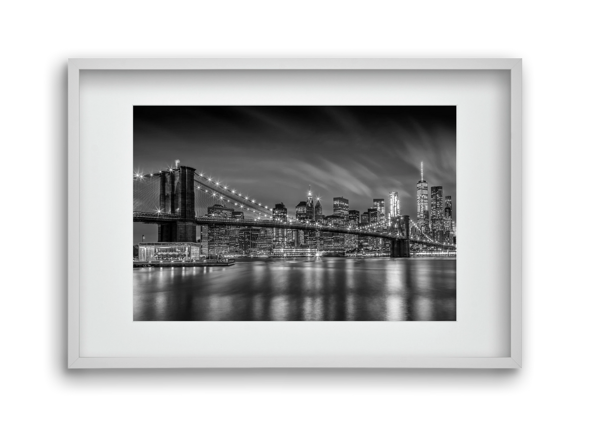 BROOKLYN BRIDGE Nightly Impressions | Monochrome, 45x30 cm (30x20 cm), Fehér keret, paszpartuval