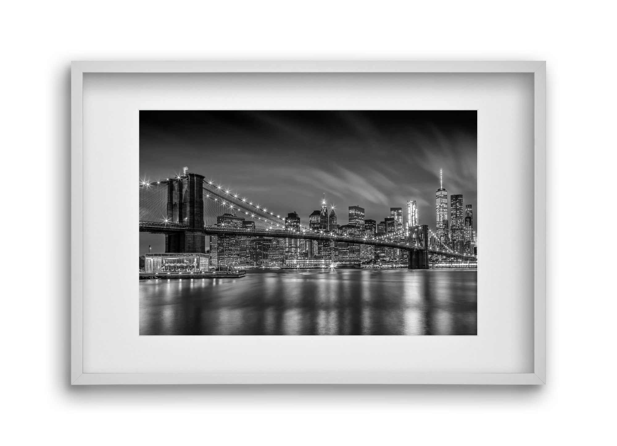 BROOKLYN BRIDGE Nightly Impressions | Monochrome, 45x30 cm (30x20 cm), Fehér keret, paszpartuval