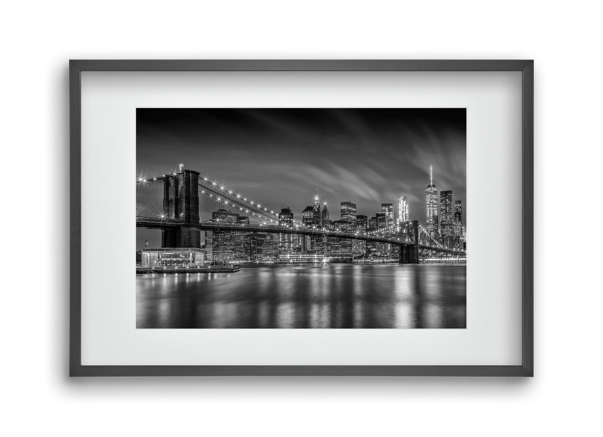 BROOKLYN BRIDGE Nightly Impressions | Monochrome, 45x30 cm (30x20 cm), Fekete keret, paszpartuval
