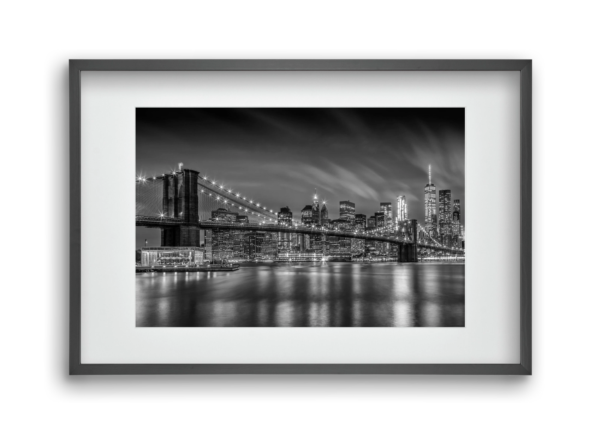 BROOKLYN BRIDGE Nightly Impressions | Monochrome, 45x30 cm (30x20 cm), Fekete keret, paszpartuval