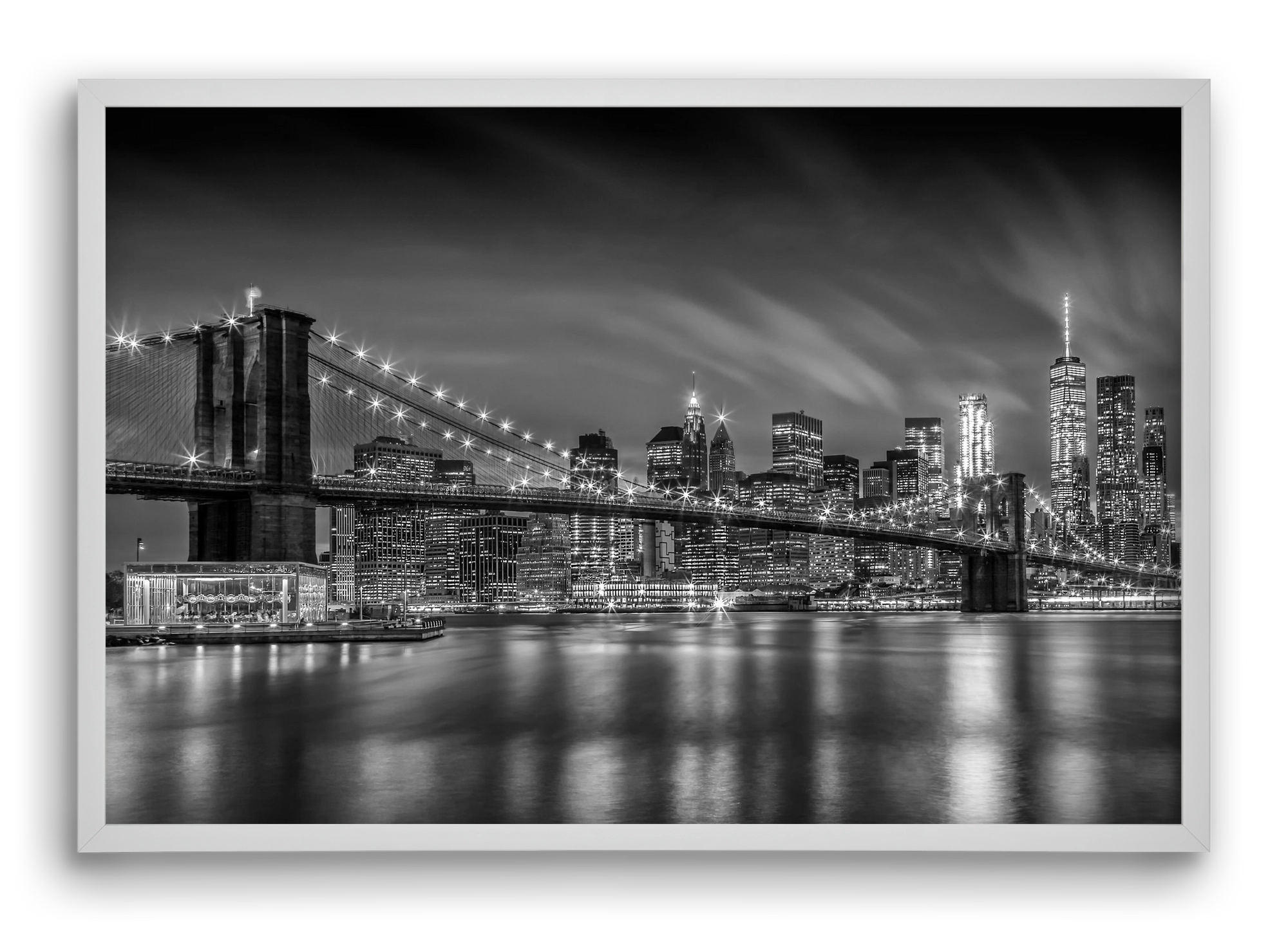 BROOKLYN BRIDGE Nightly Impressions | Monochrome, 60x40 cm (60x40 cm), Fehér keret