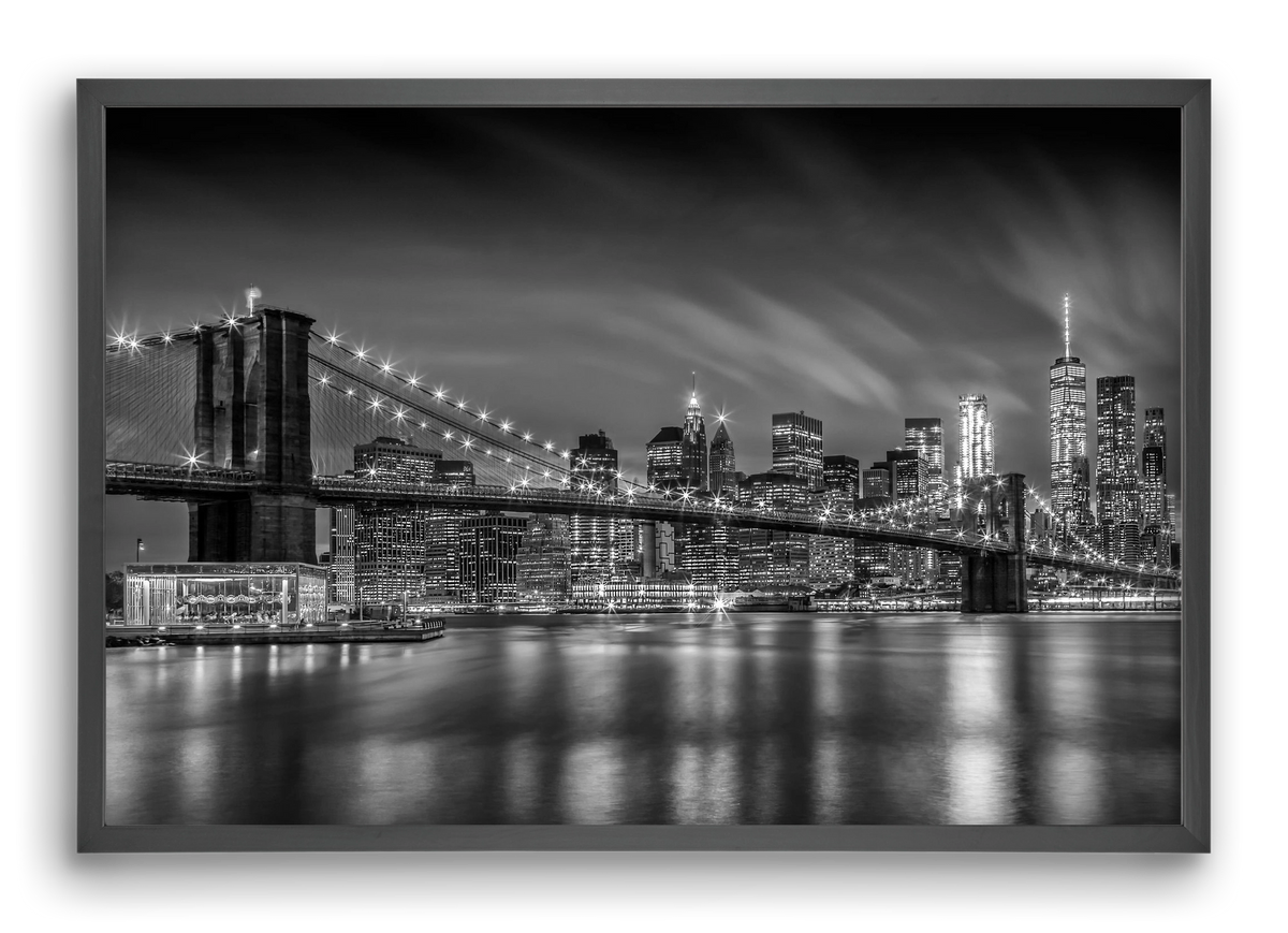 BROOKLYN BRIDGE Nightly Impressions | Monochrome, 60x40 cm (60x40 cm), Fekete keret