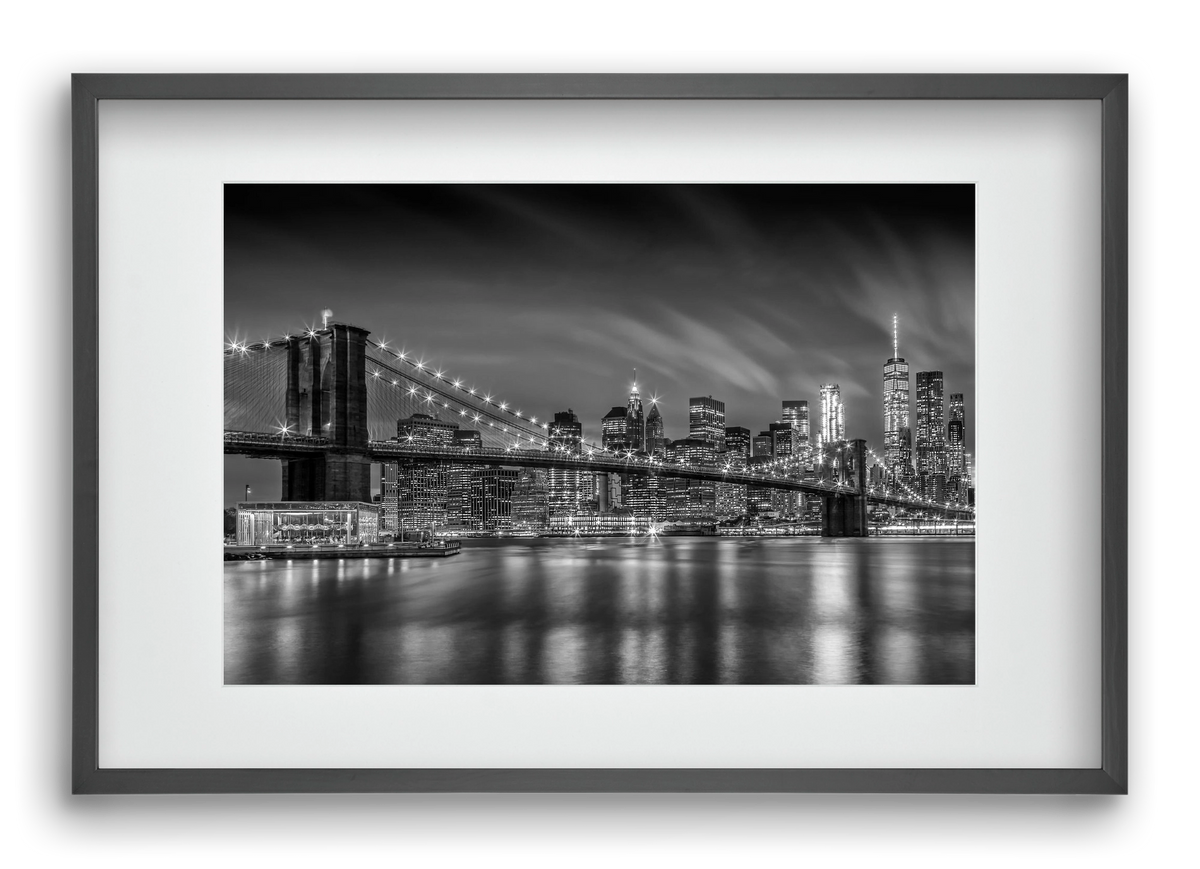 BROOKLYN BRIDGE Nightly Impressions | Monochrome, 60x40 cm (45x30 cm), Fekete keret, paszpartuval