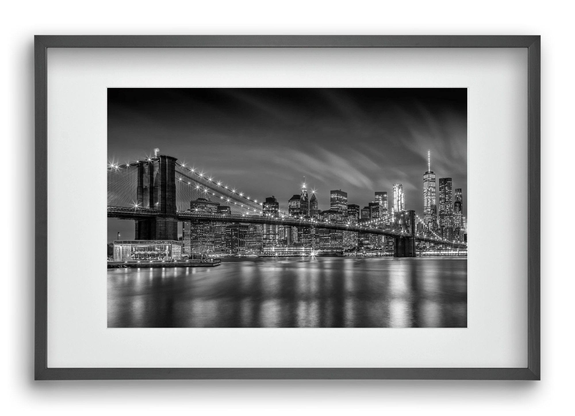 BROOKLYN BRIDGE Nightly Impressions | Monochrome, 60x40 cm (45x30 cm), Fekete keret, paszpartuval
