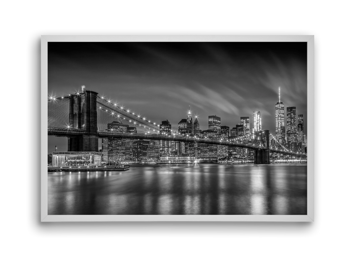 BROOKLYN BRIDGE Nightly Impressions | Monochrome, 45x30 cm (45x30 cm), Fehér keret