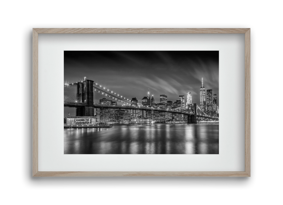 BROOKLYN BRIDGE Nightly Impressions | Monochrome, 45x30 cm (30x20 cm), Tölgy keret, paszpartuval
