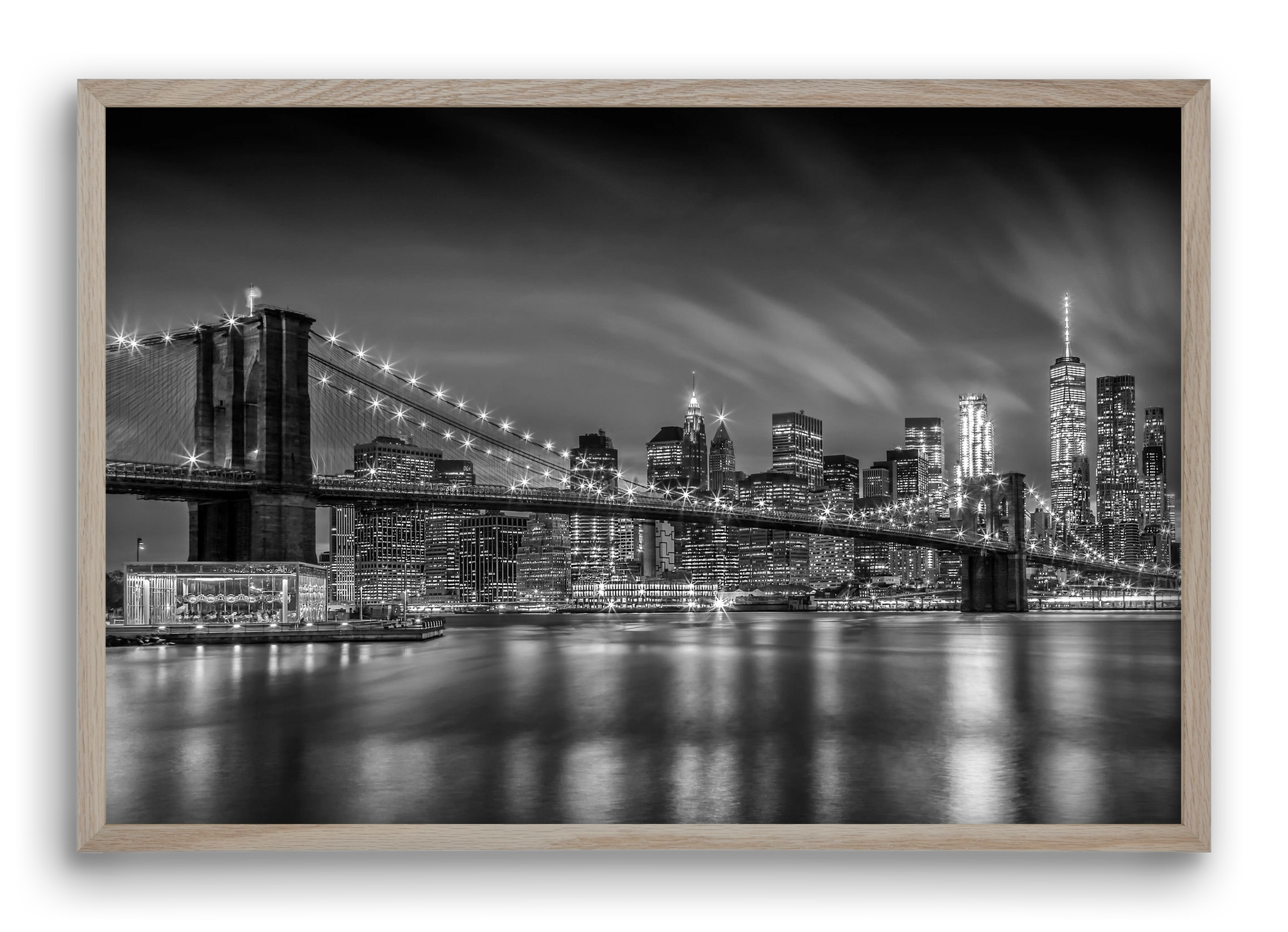 BROOKLYN BRIDGE Nightly Impressions | Monochrome, 60x40 cm (60x40 cm), Tölgy keret