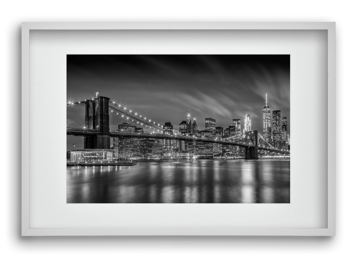 BROOKLYN BRIDGE Nightly Impressions | Monochrome, 60x40 cm (45x30 cm), Fehér keret, paszpartuval