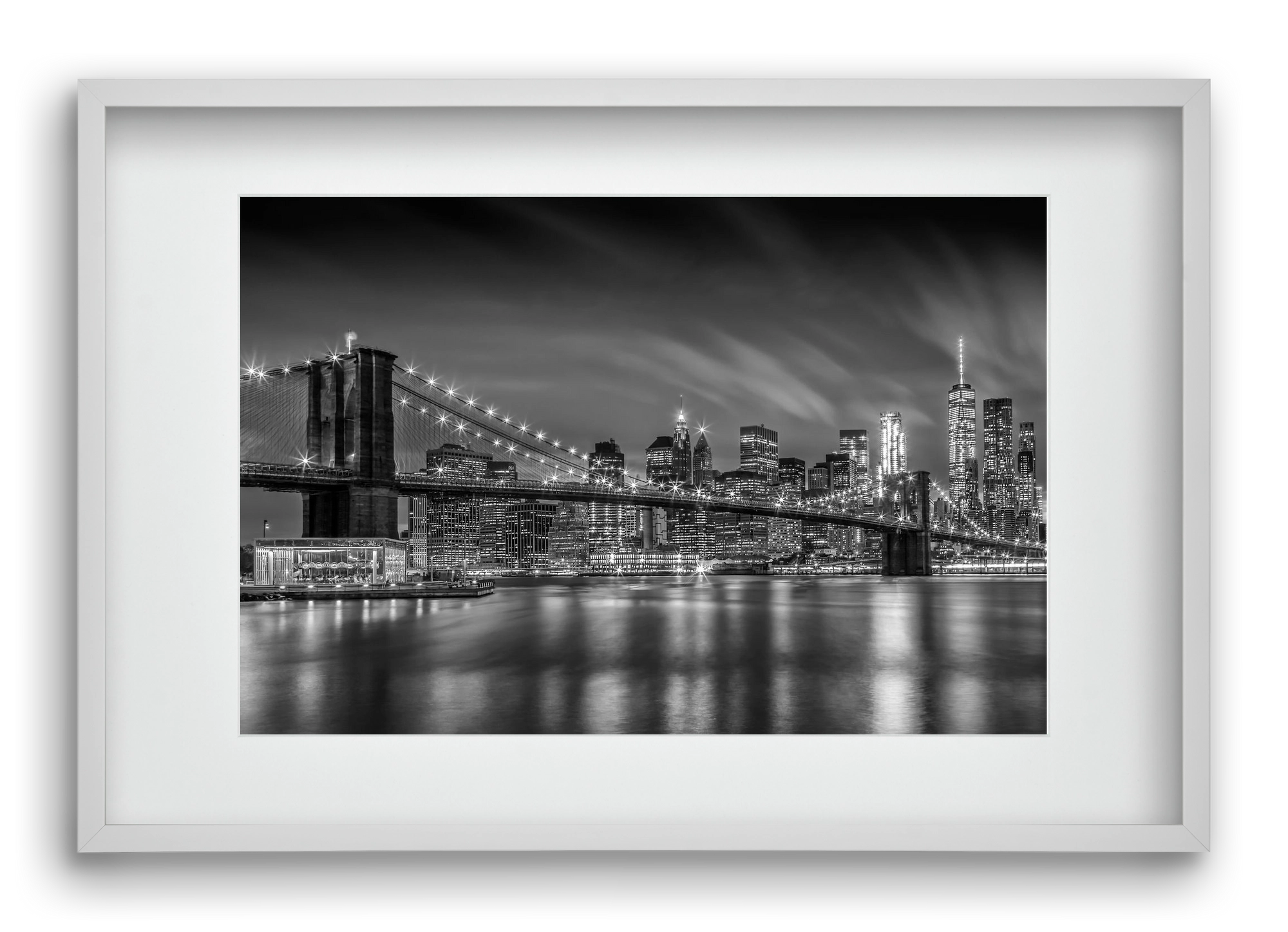 BROOKLYN BRIDGE Nightly Impressions | Monochrome, 60x40 cm (45x30 cm), Fehér keret, paszpartuval