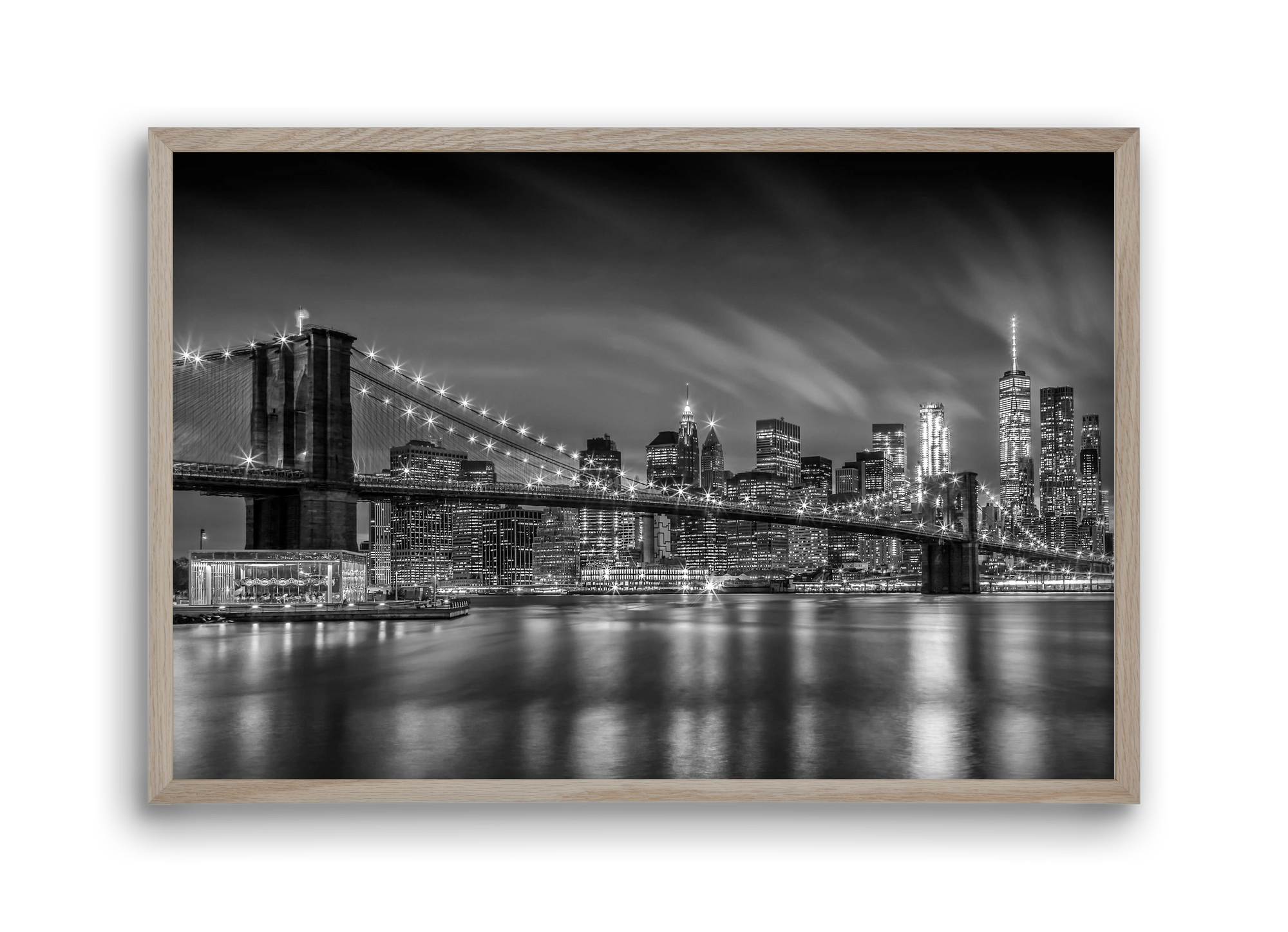 BROOKLYN BRIDGE Nightly Impressions | Monochrome, 45x30 cm (45x30 cm), Tölgy keret