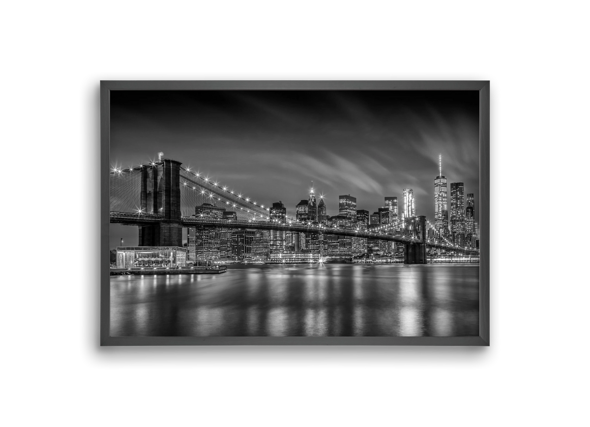 BROOKLYN BRIDGE Nightly Impressions | Monochrome, 30x20 cm (30x20 cm), Fekete keret