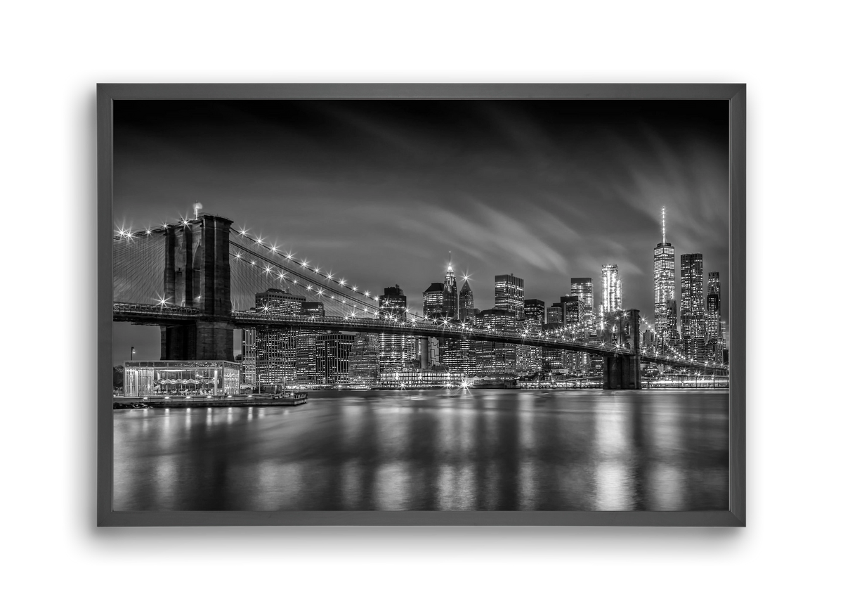 BROOKLYN BRIDGE Nightly Impressions | Monochrome, 45x30 cm (45x30 cm), Fekete keret