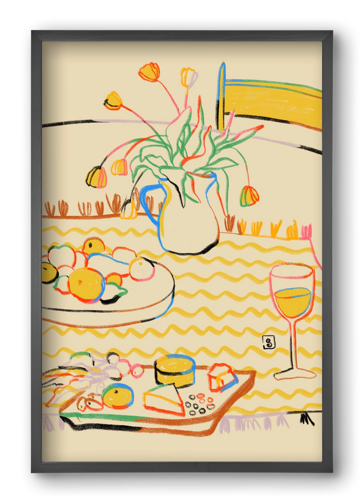 YELLOW TULIPS WINE AND CHEESE, 40x60 cm (40x60 cm), Fekete keret