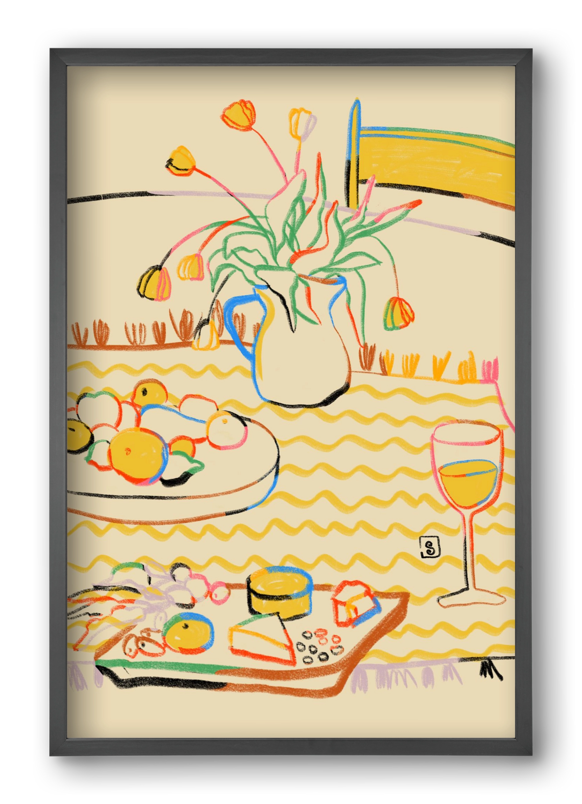 YELLOW TULIPS WINE AND CHEESE, 40x60 cm (40x60 cm), Fekete keret