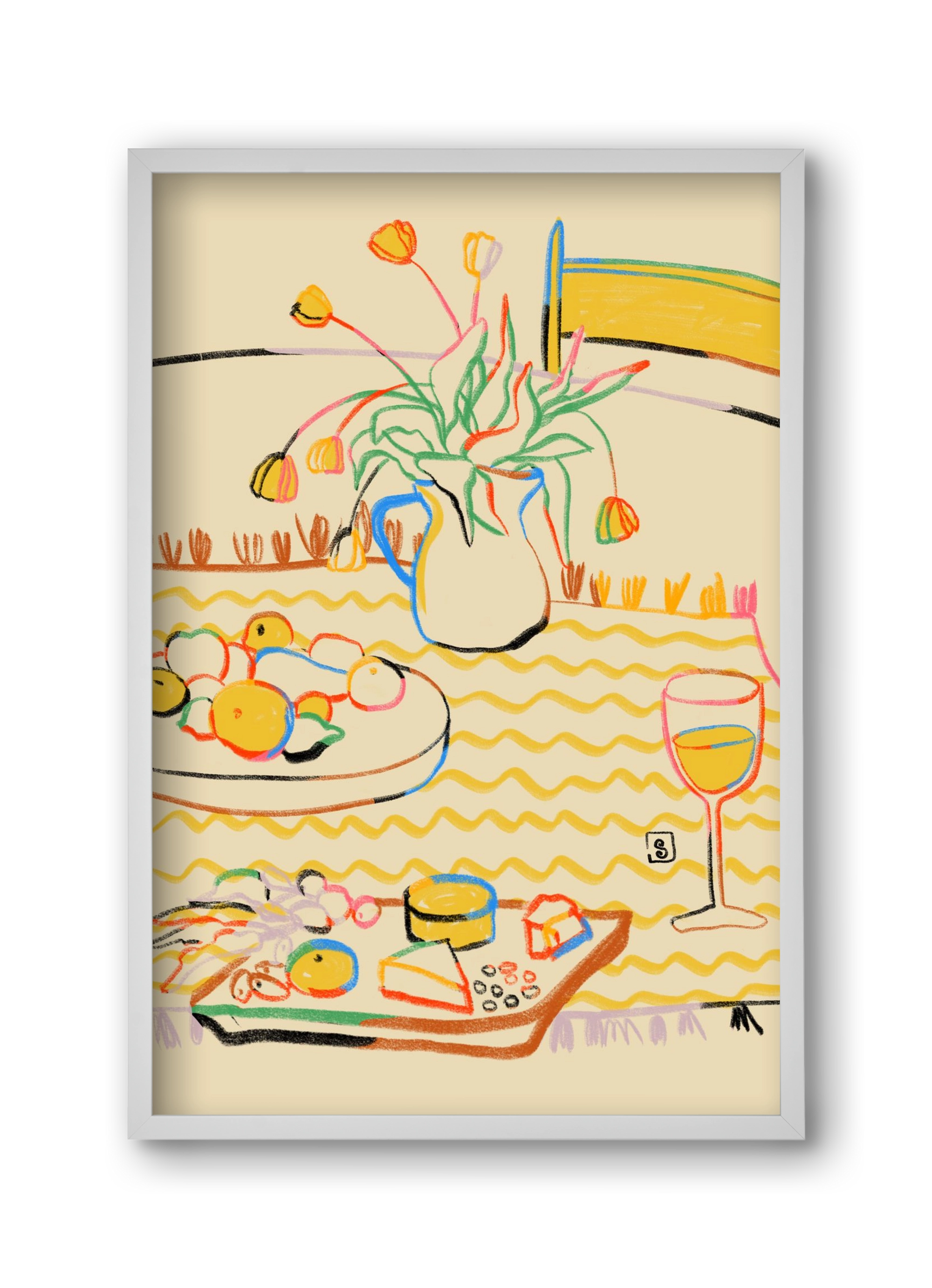 YELLOW TULIPS WINE AND CHEESE, 30x45 cm (30x45 cm), Fehér keret