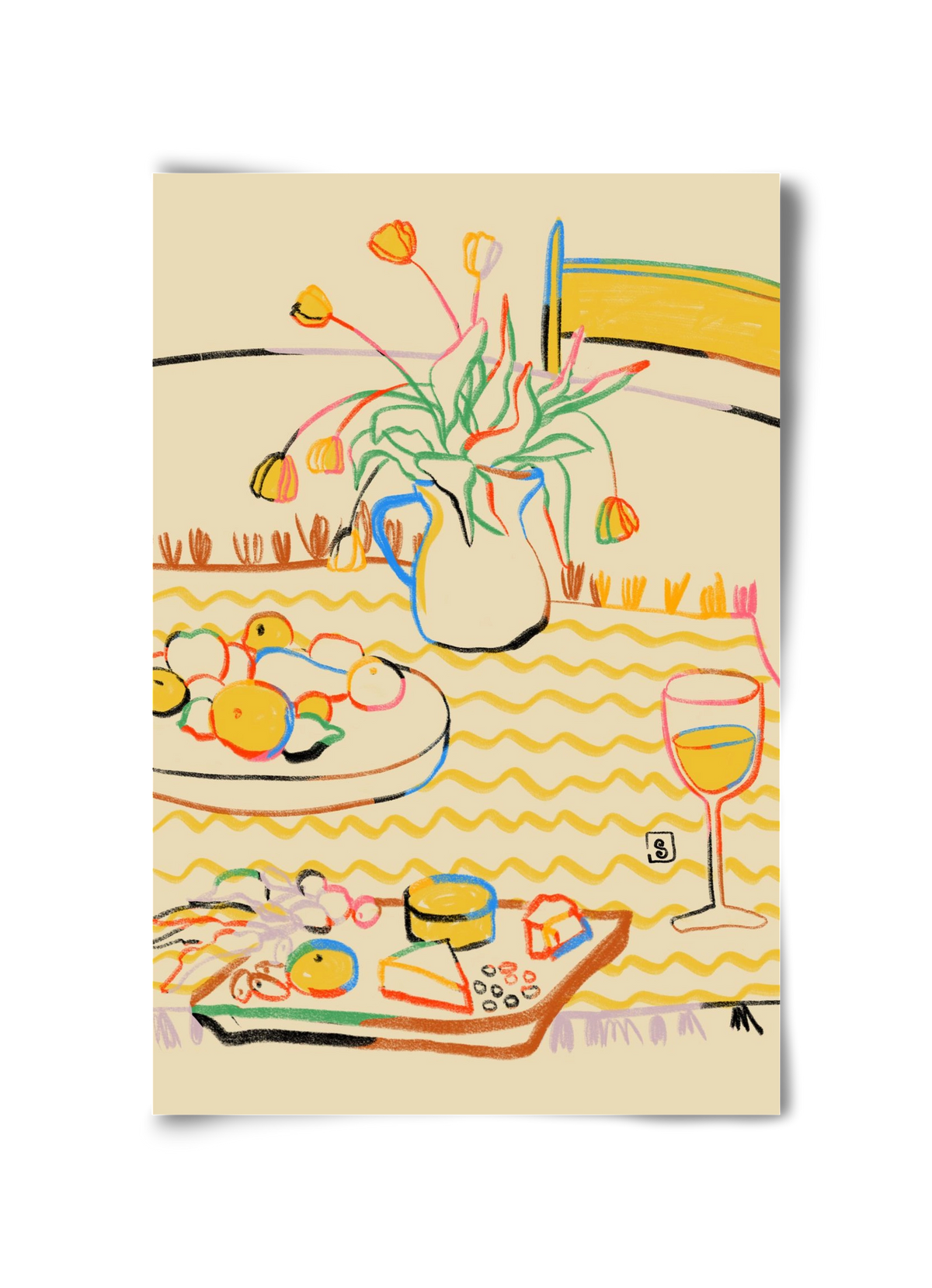 YELLOW TULIPS WINE AND CHEESE, 30x45 cm, Keret nélkül