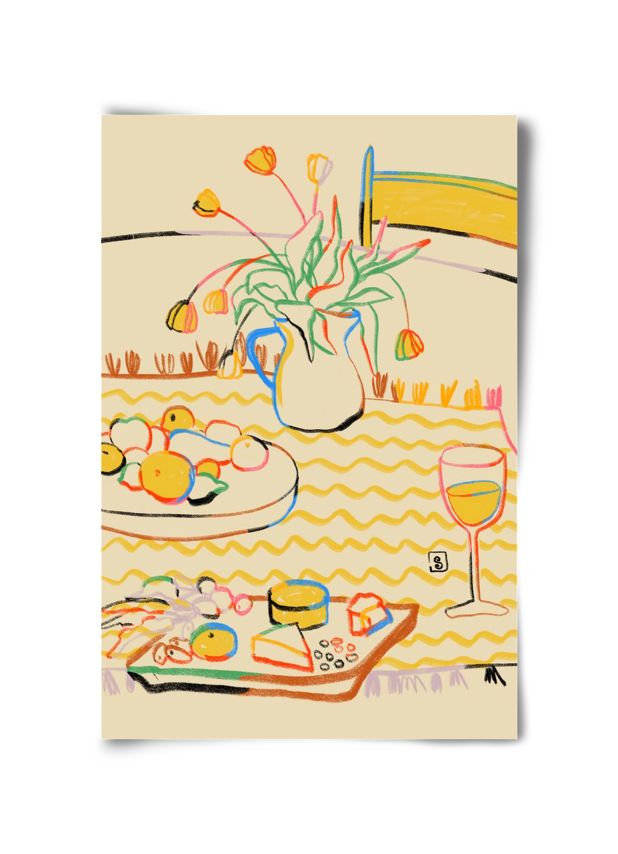 YELLOW TULIPS WINE AND CHEESE, 30x45 cm, Keret nélkül