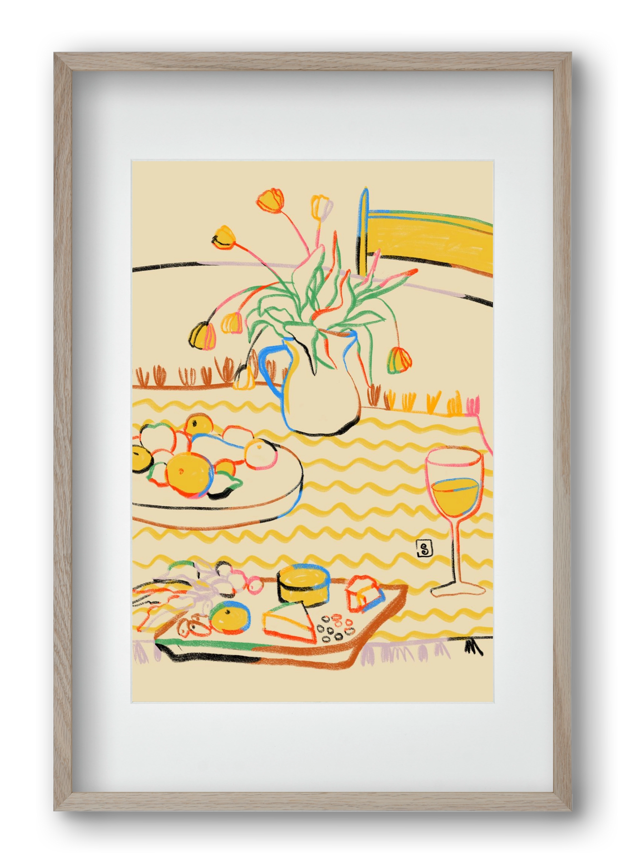 YELLOW TULIPS WINE AND CHEESE, 40x60 cm (30x45 cm), Tölgy keret, paszpartuval