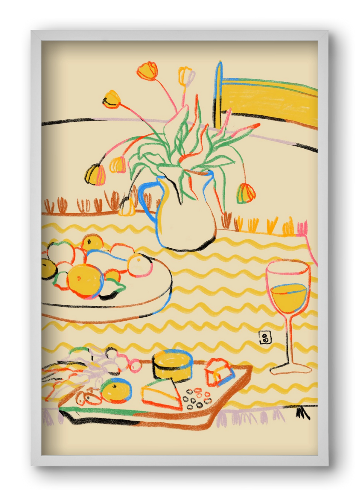 YELLOW TULIPS WINE AND CHEESE, 40x60 cm (40x60 cm), Fehér keret