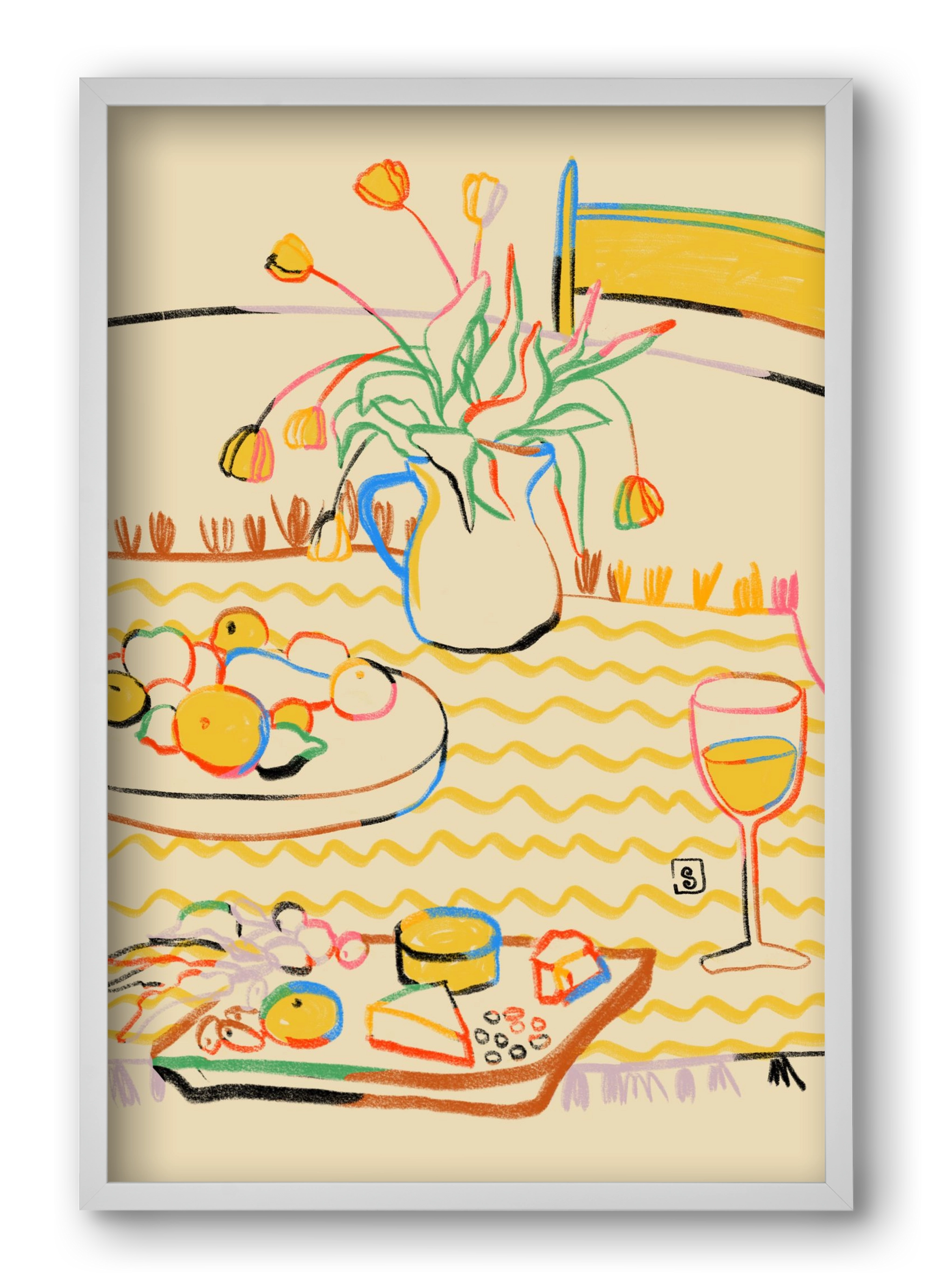 YELLOW TULIPS WINE AND CHEESE, 40x60 cm (40x60 cm), Fehér keret