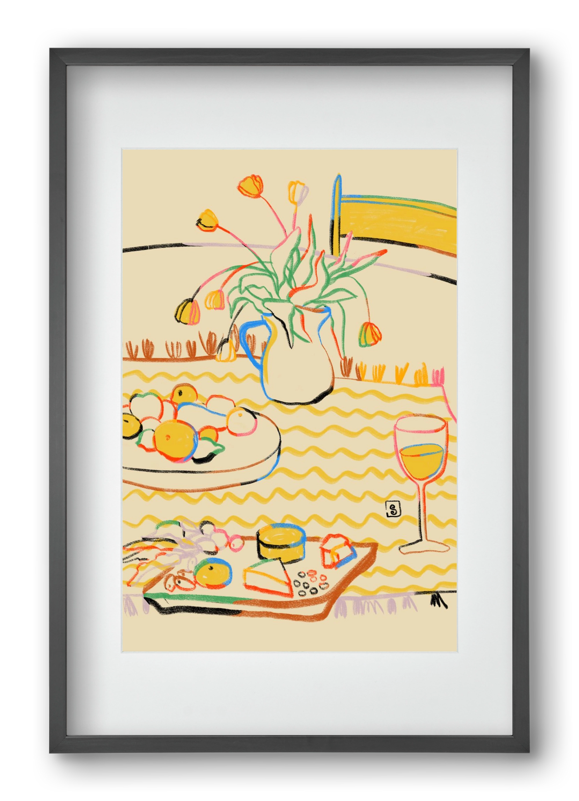 YELLOW TULIPS WINE AND CHEESE, 40x60 cm (30x45 cm), Fekete keret, paszpartuval