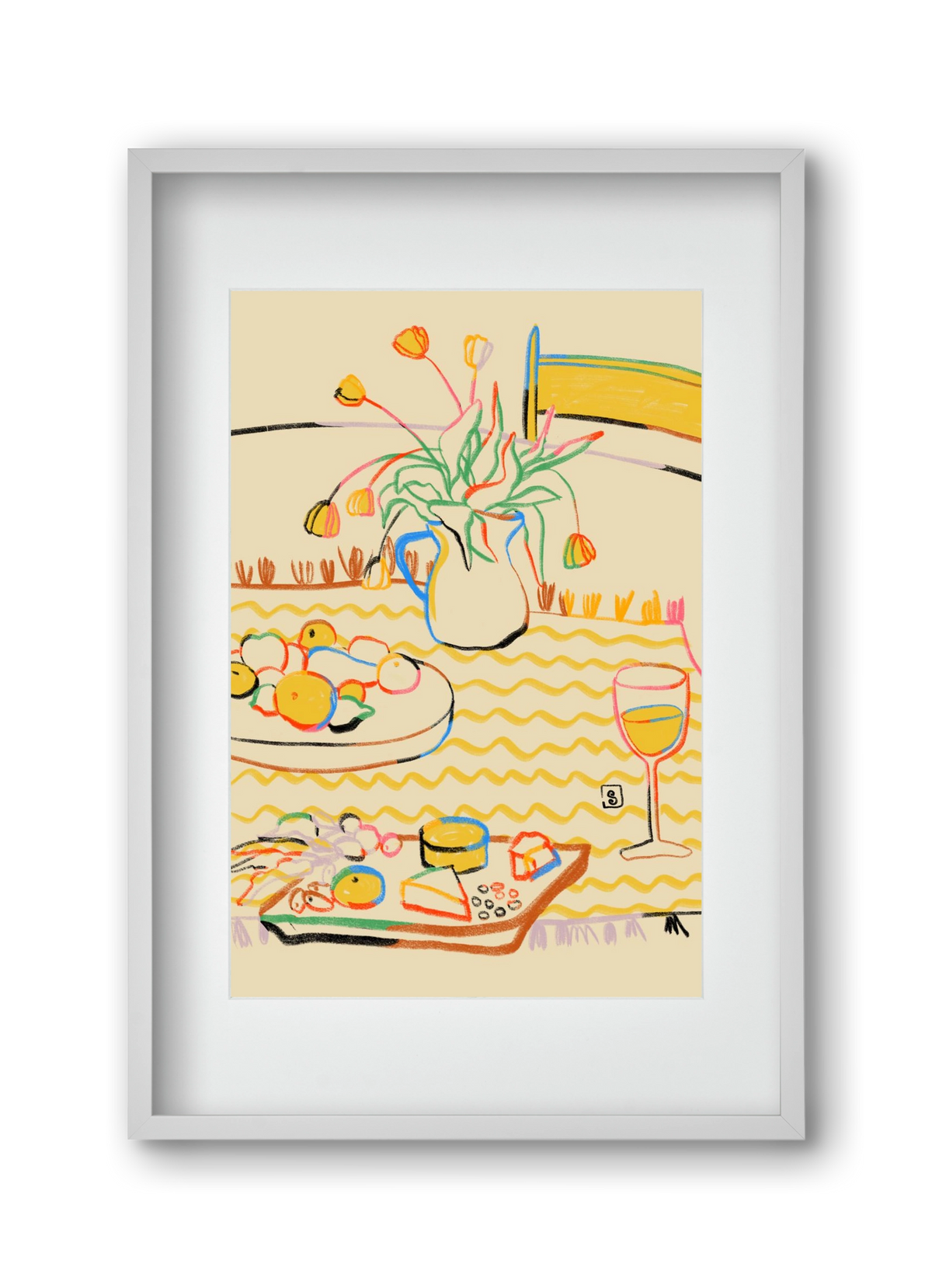 YELLOW TULIPS WINE AND CHEESE, 30x45 cm (20x30 cm), Fehér keret, paszpartuval