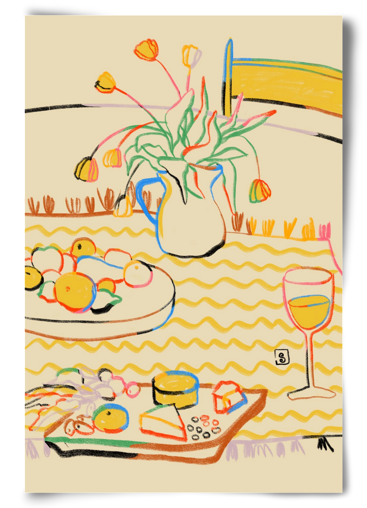 YELLOW TULIPS WINE AND CHEESE, 60x90 cm, Keret nélkül