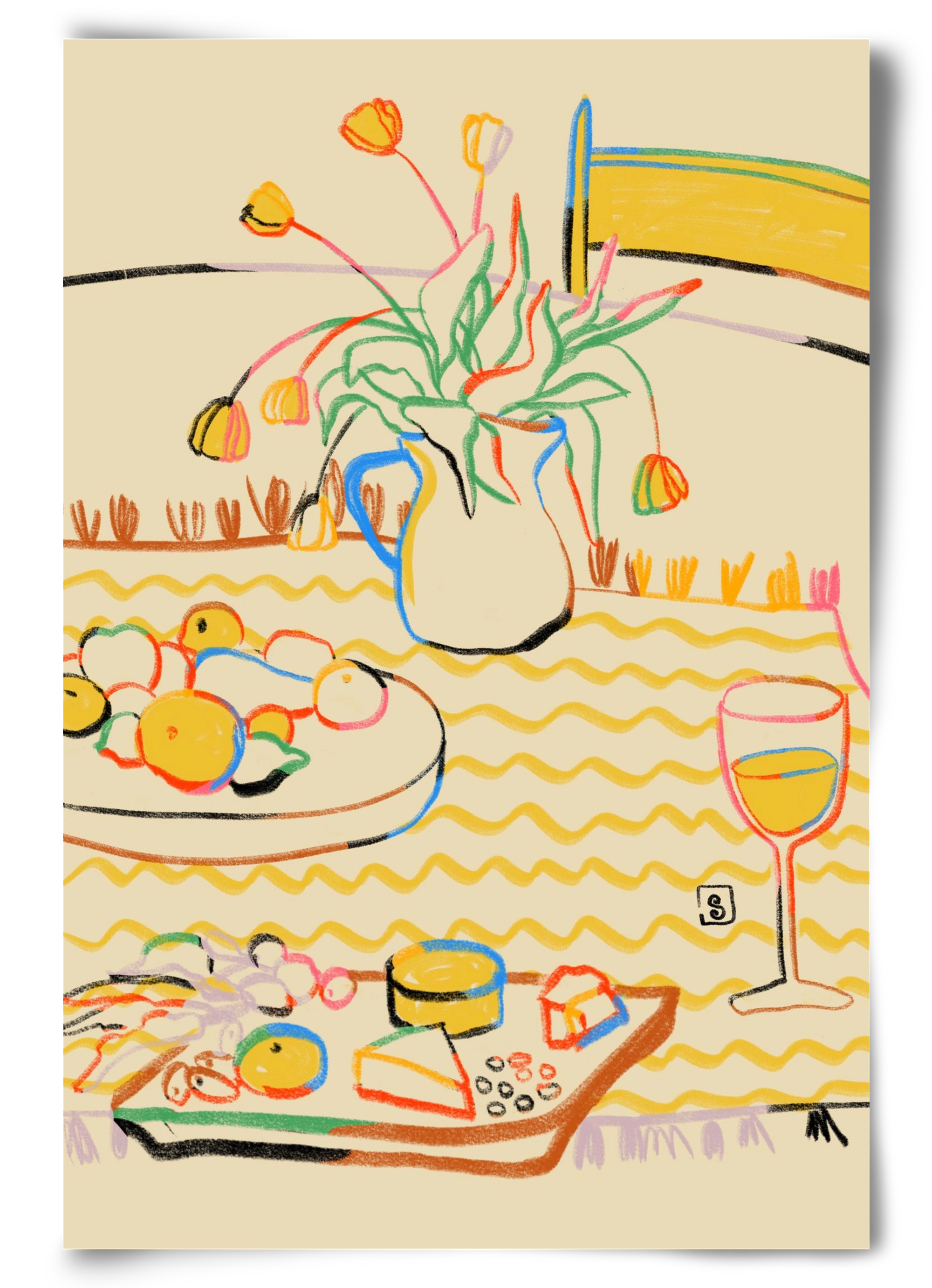 YELLOW TULIPS WINE AND CHEESE, 60x90 cm, Keret nélkül