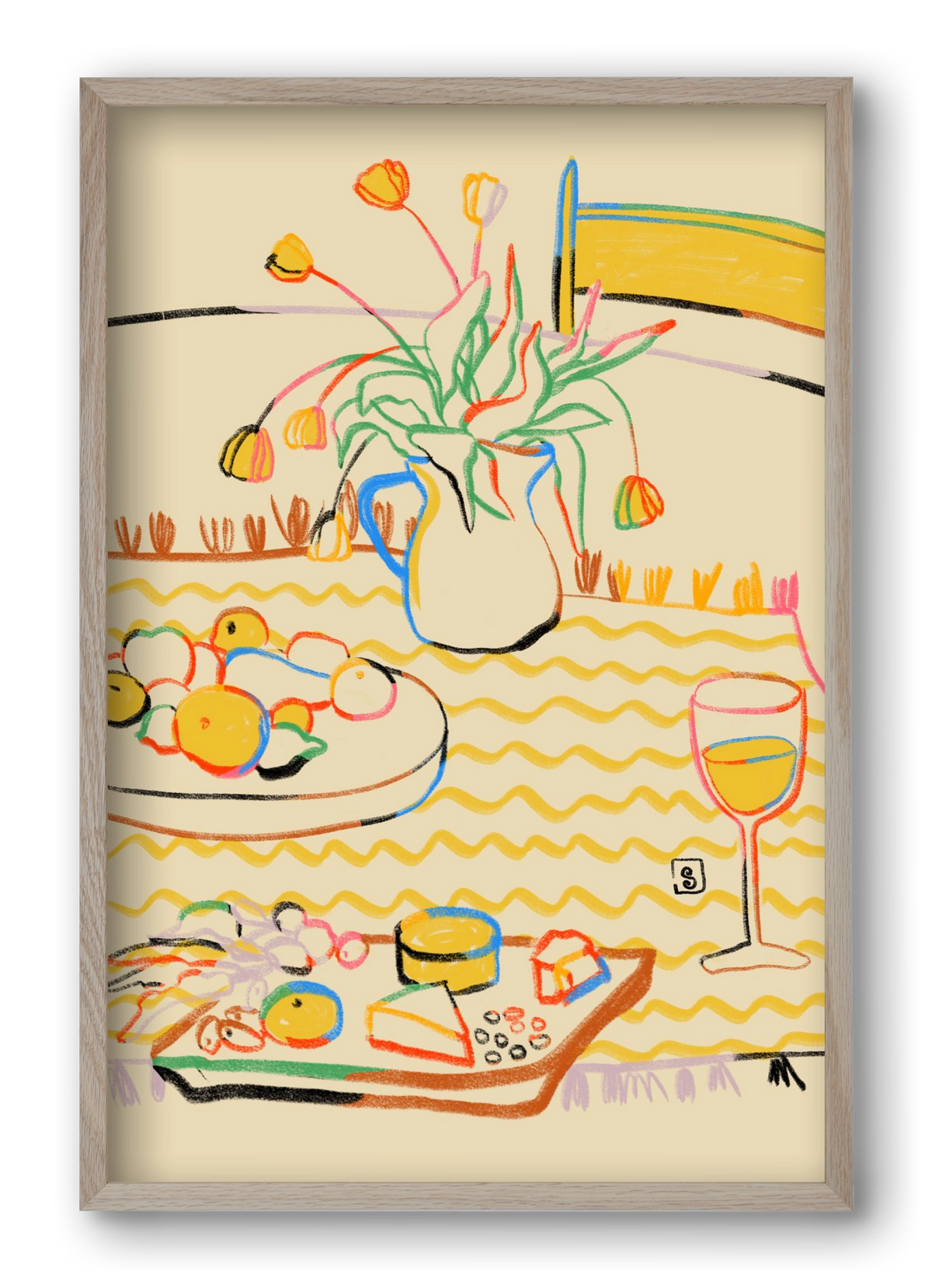YELLOW TULIPS WINE AND CHEESE, 40x60 cm (40x60 cm), Tölgy keret