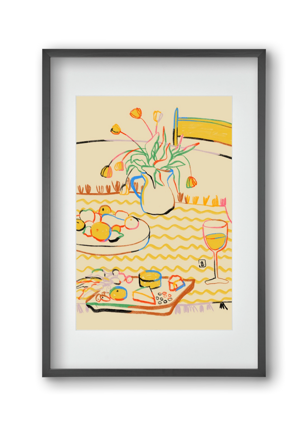 YELLOW TULIPS WINE AND CHEESE, 30x45 cm (20x30 cm), Fekete keret, paszpartuval