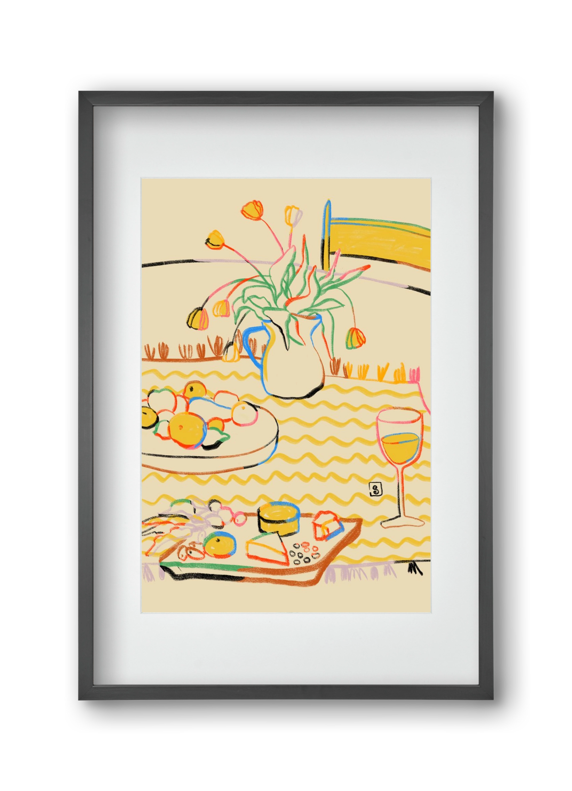 YELLOW TULIPS WINE AND CHEESE, 30x45 cm (20x30 cm), Fekete keret, paszpartuval